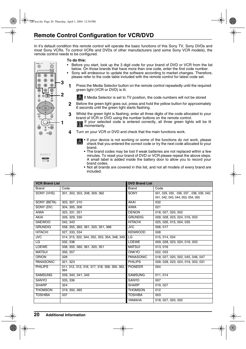 Remote control configuration for vcr/dvd | Sony FD Trinitron KV-28CS70U User Manual | Page 20 / 24