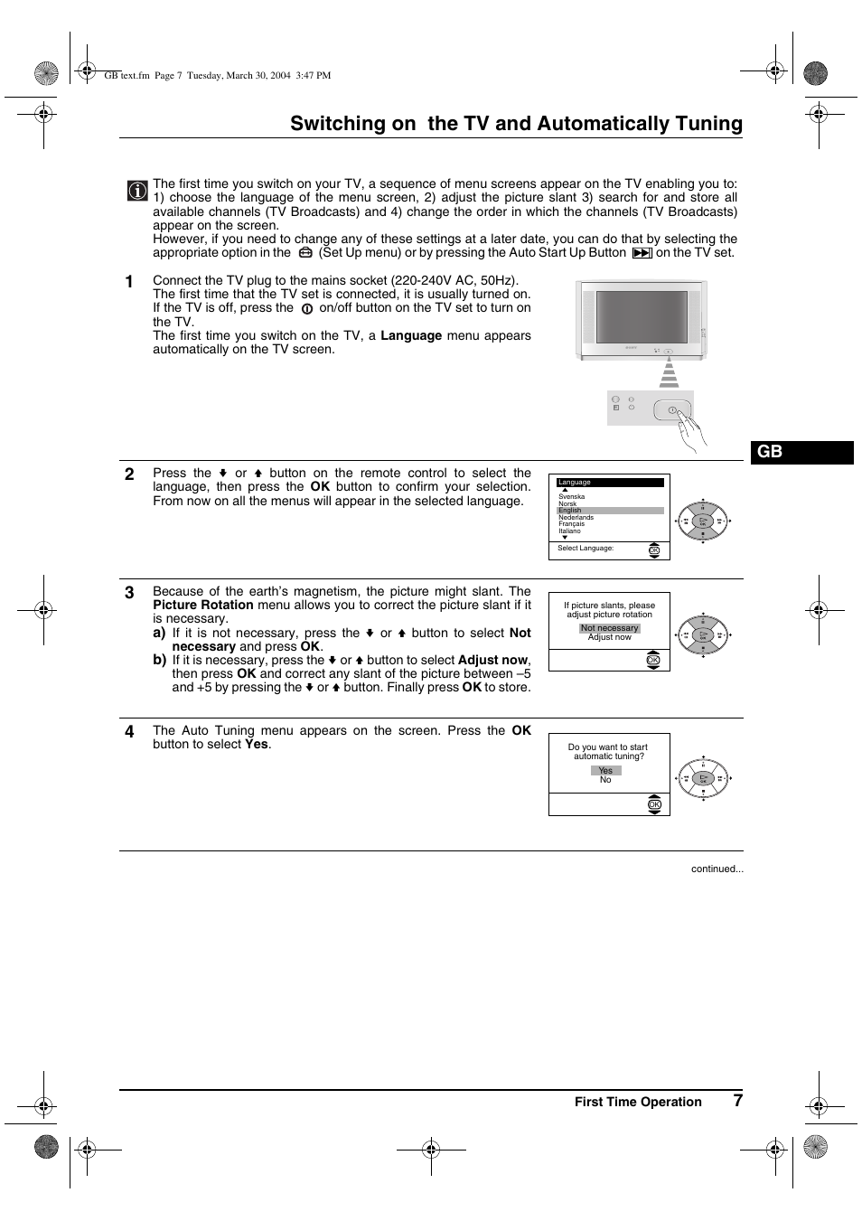 Switching on the tv and automatically tuning | Sony FD Trinitron KV-28CS70U User Manual | Page 7 / 24