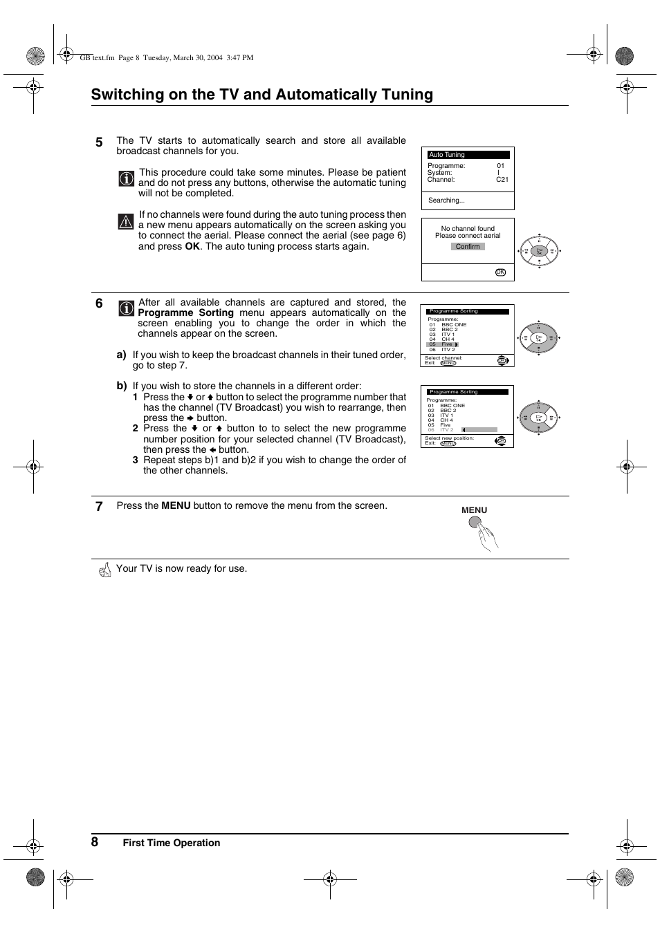 Switching on the tv and automatically tuning | Sony FD Trinitron KV-28CS70U User Manual | Page 8 / 24