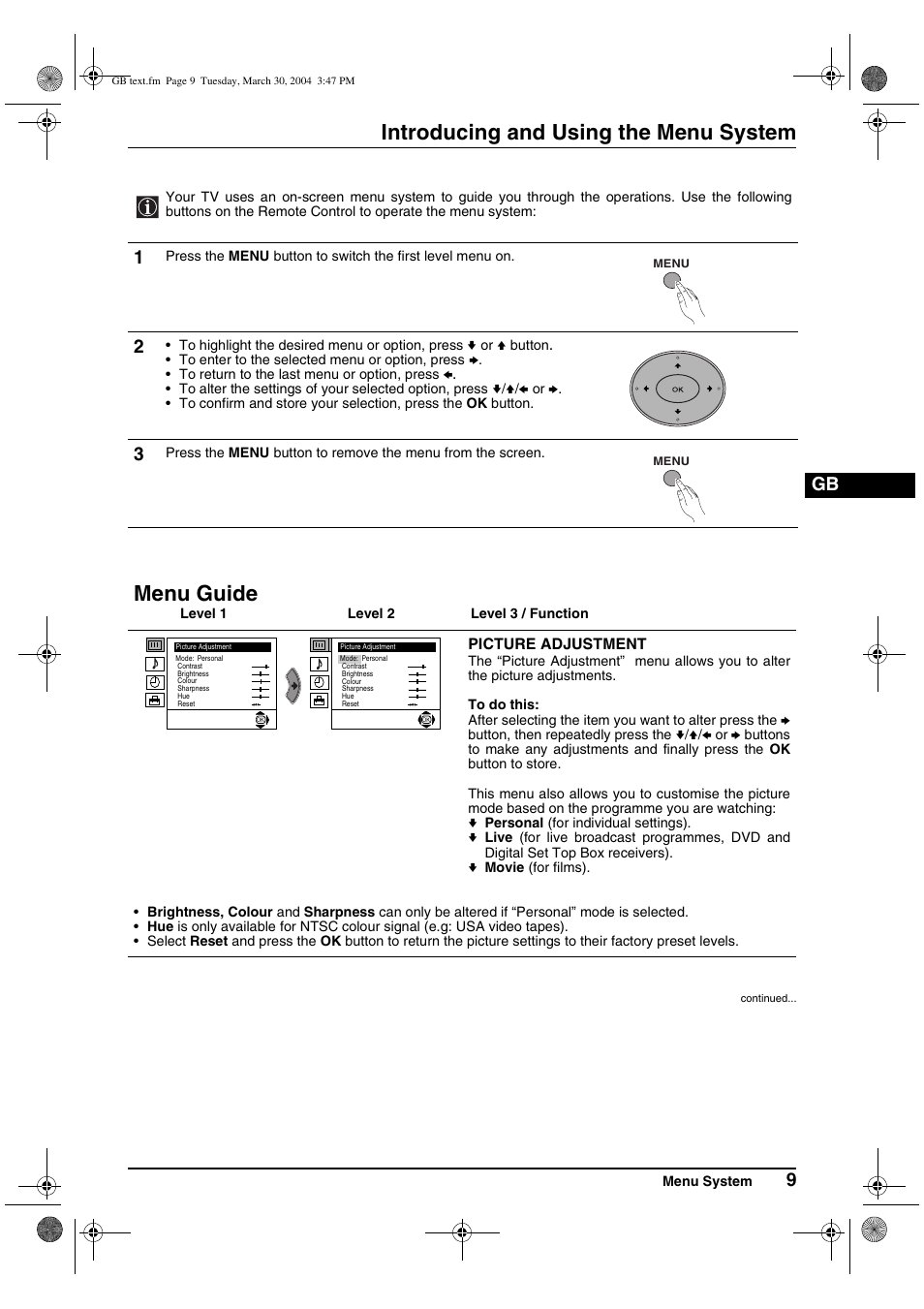 Introducing and using the menu system, Menu guide | Sony FD Trinitron KV-28CS70U User Manual | Page 9 / 24