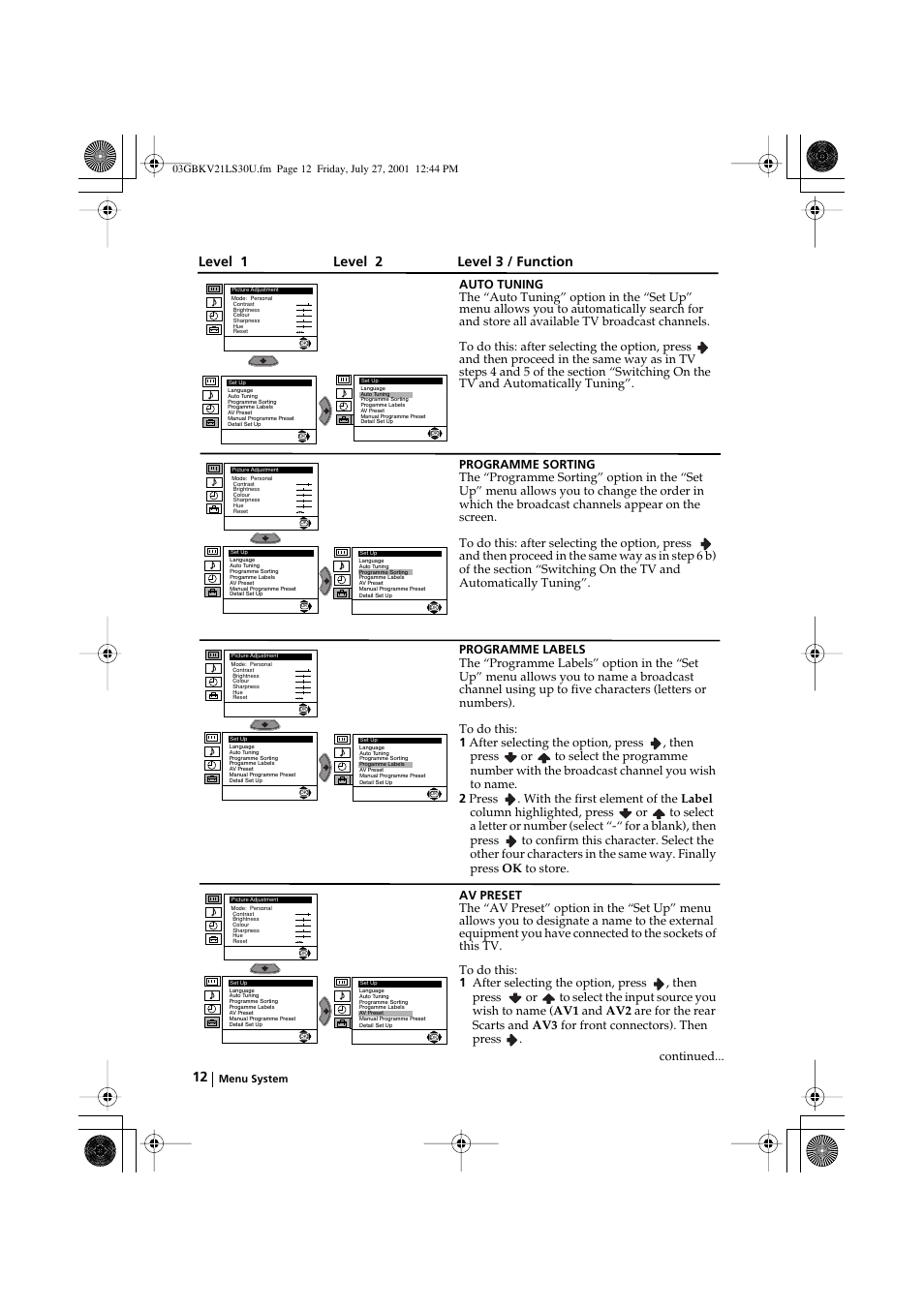 Level 1 level 2 level 3 / function, Menu system | Sony KV-21LS30U User Manual | Page 12 / 23