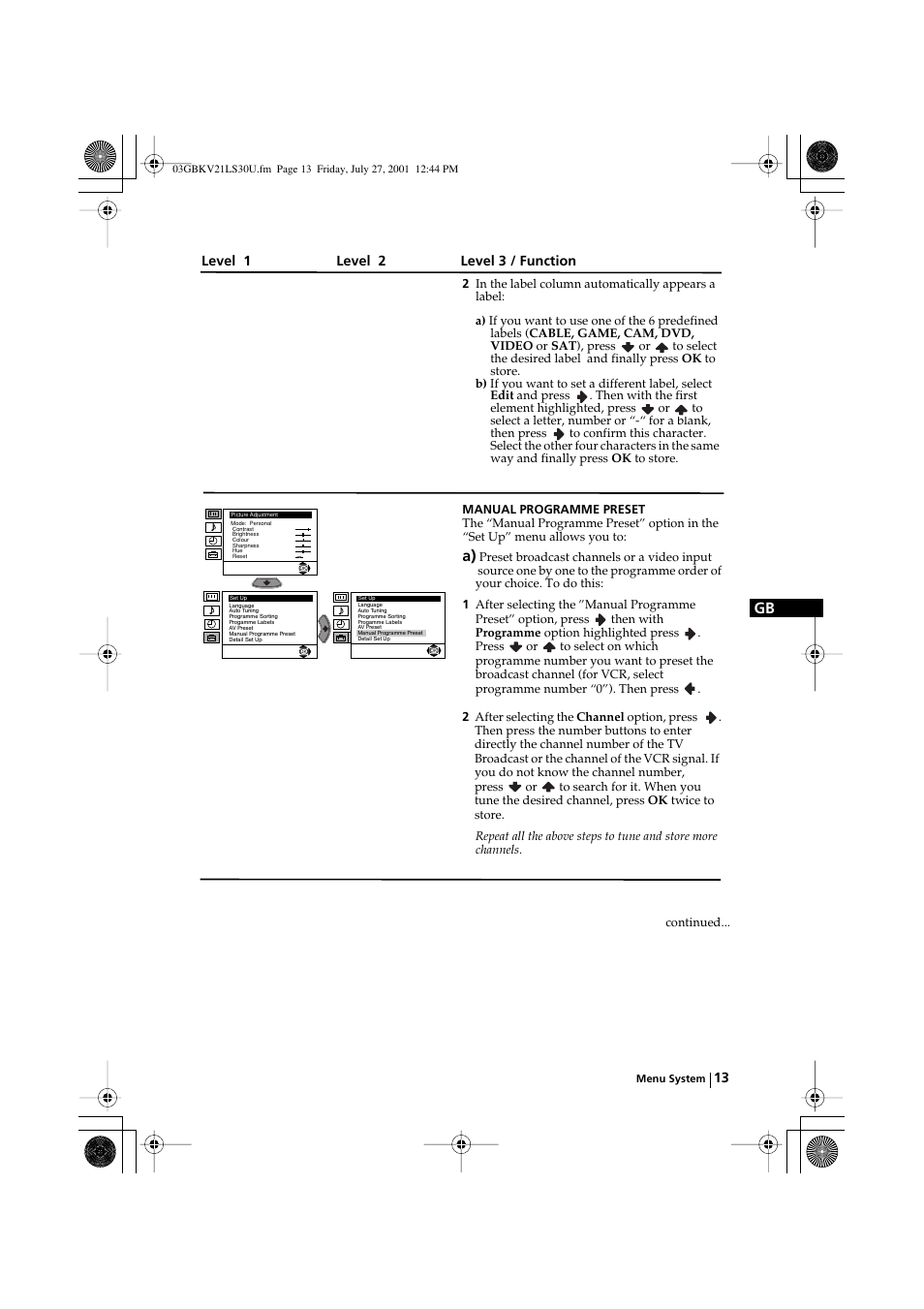 Level 1 level 2 level 3 / function | Sony KV-21LS30U User Manual | Page 13 / 23