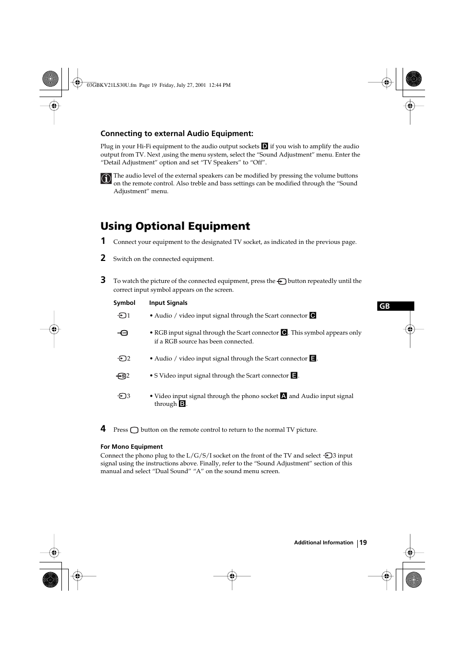Using optional equipment | Sony KV-21LS30U User Manual | Page 19 / 23