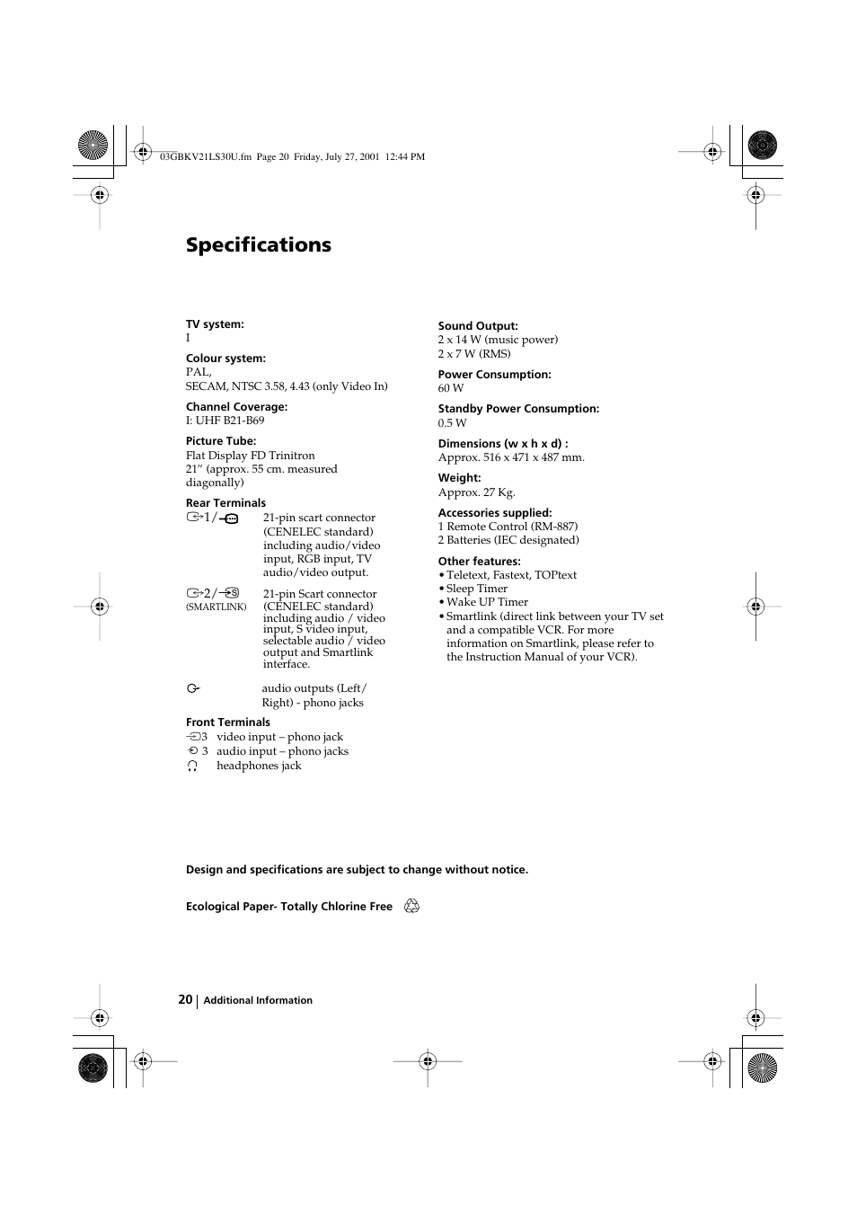 Specifications | Sony KV-21LS30U User Manual | Page 20 / 23