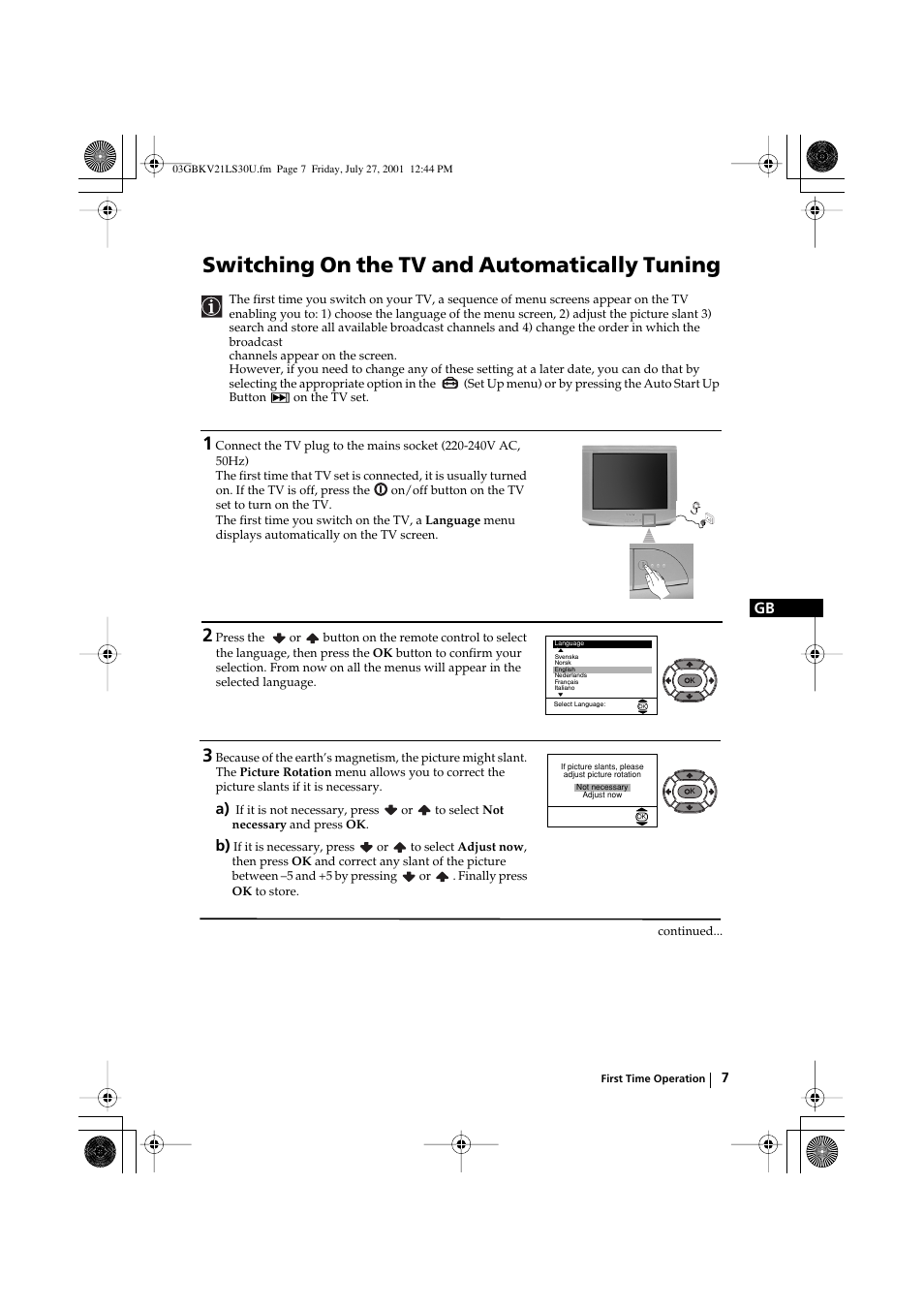 Switching on the tv and automatically tuning | Sony KV-21LS30U User Manual | Page 7 / 23