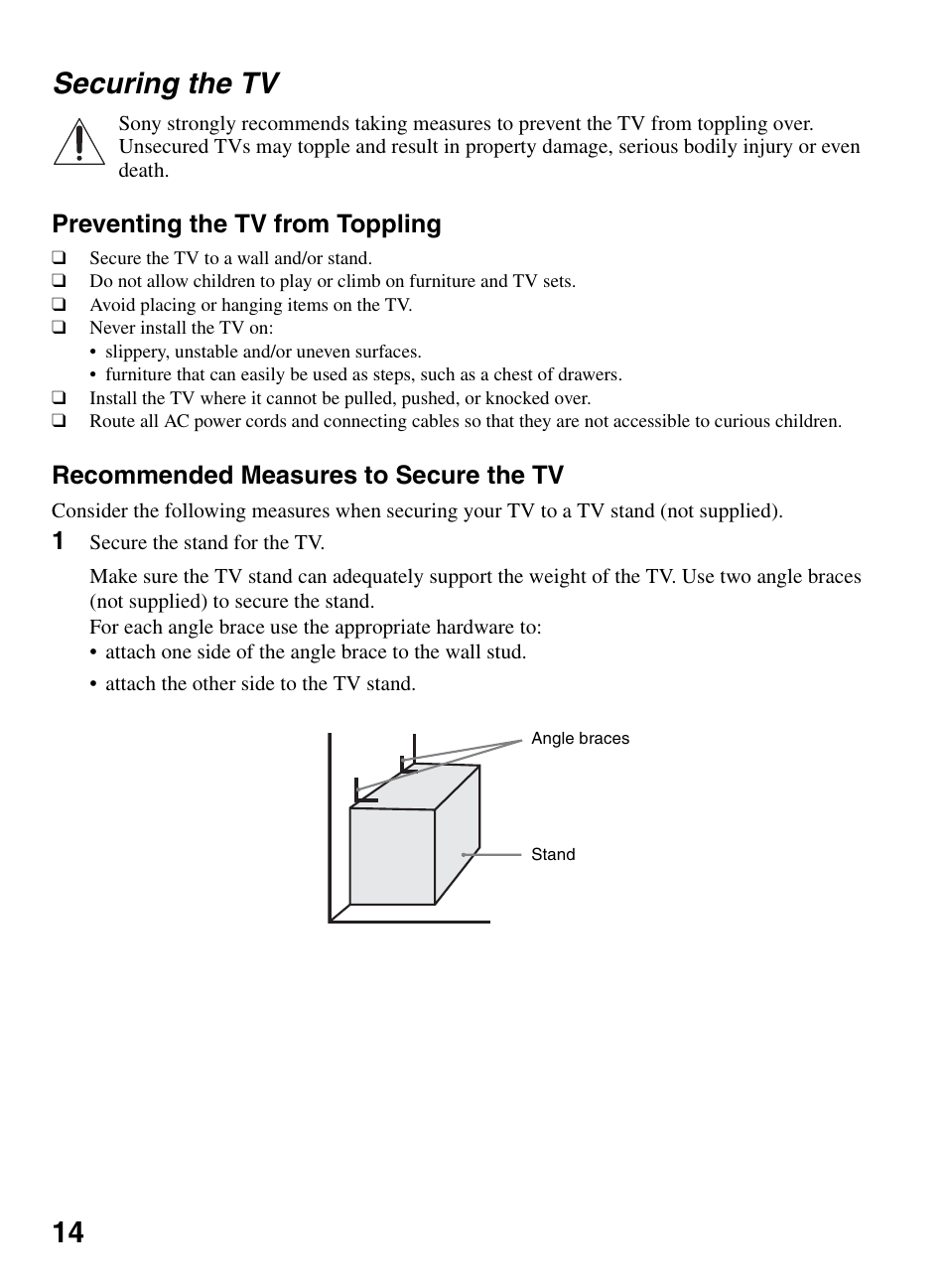 Securing the tv, 14 securing the tv, Preventing the tv from toppling | Recommended measures to secure the tv | Sony BRAVIA KDL-26L5000 User Manual | Page 14 / 48