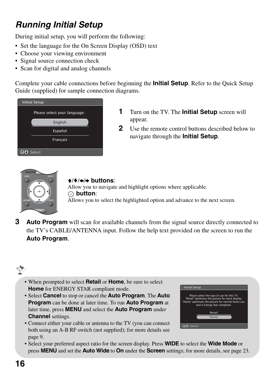 Running initial setup, 16 running initial setup, Button | Sony BRAVIA KDL-26L5000 User Manual | Page 16 / 48