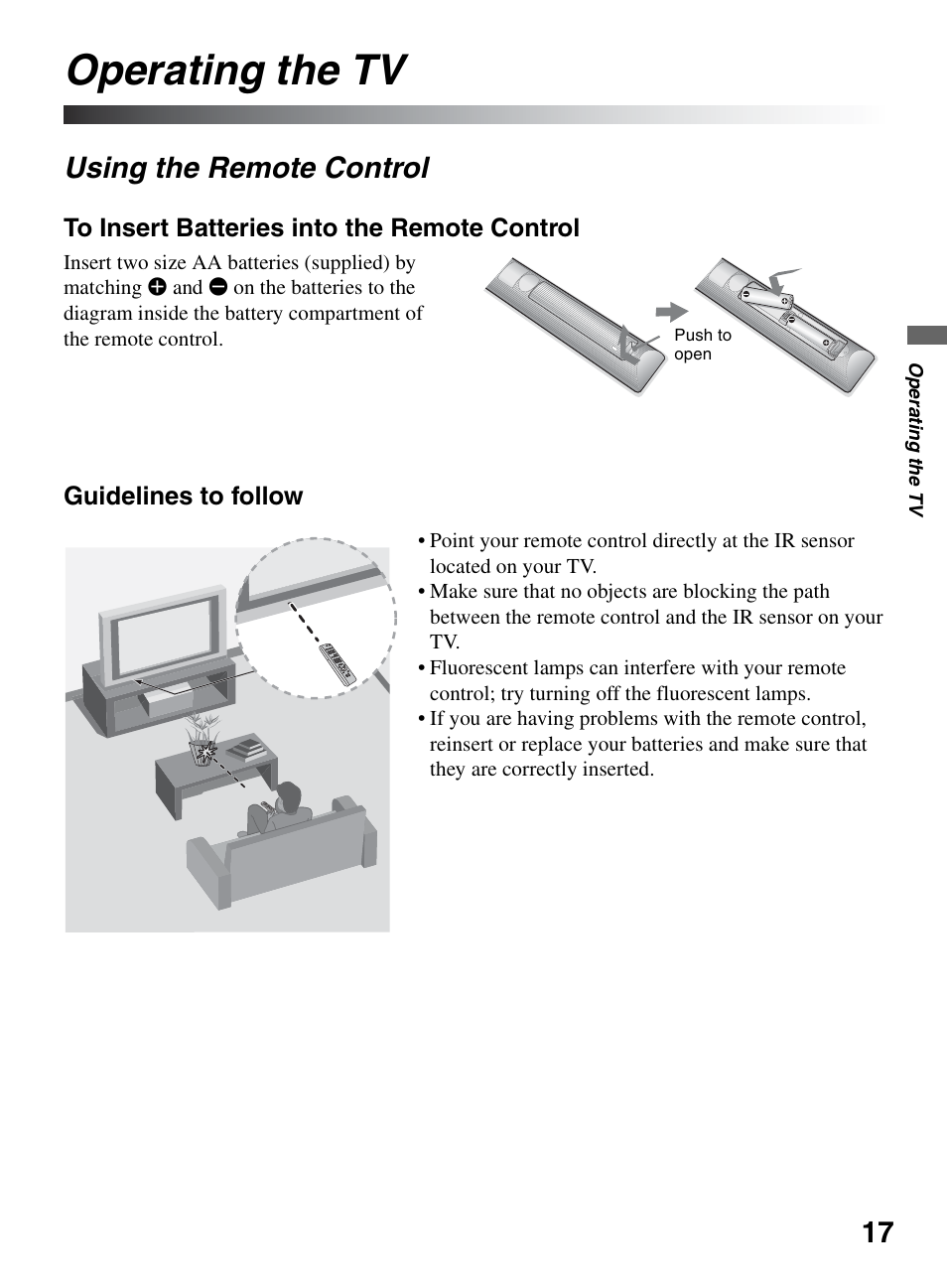 Operating the tv, Using the remote control | Sony BRAVIA KDL-26L5000 User Manual | Page 17 / 48