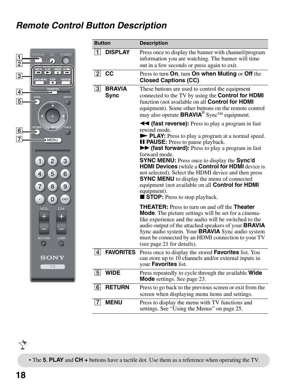 Remote control button description, 18 remote control button description | Sony BRAVIA KDL-26L5000 User Manual | Page 18 / 48