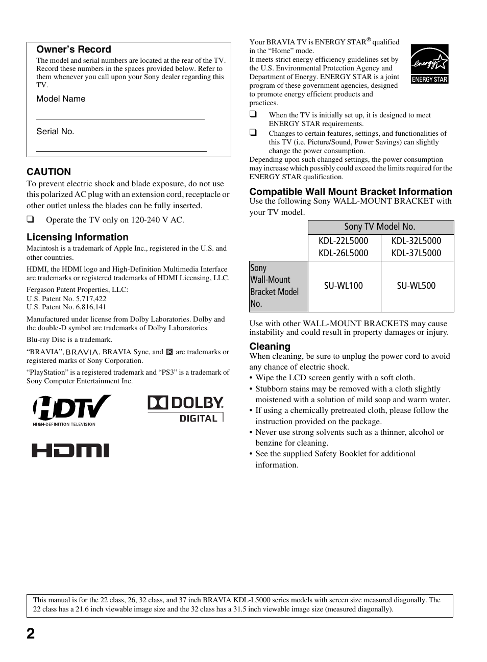 Sony BRAVIA KDL-26L5000 User Manual | Page 2 / 48
