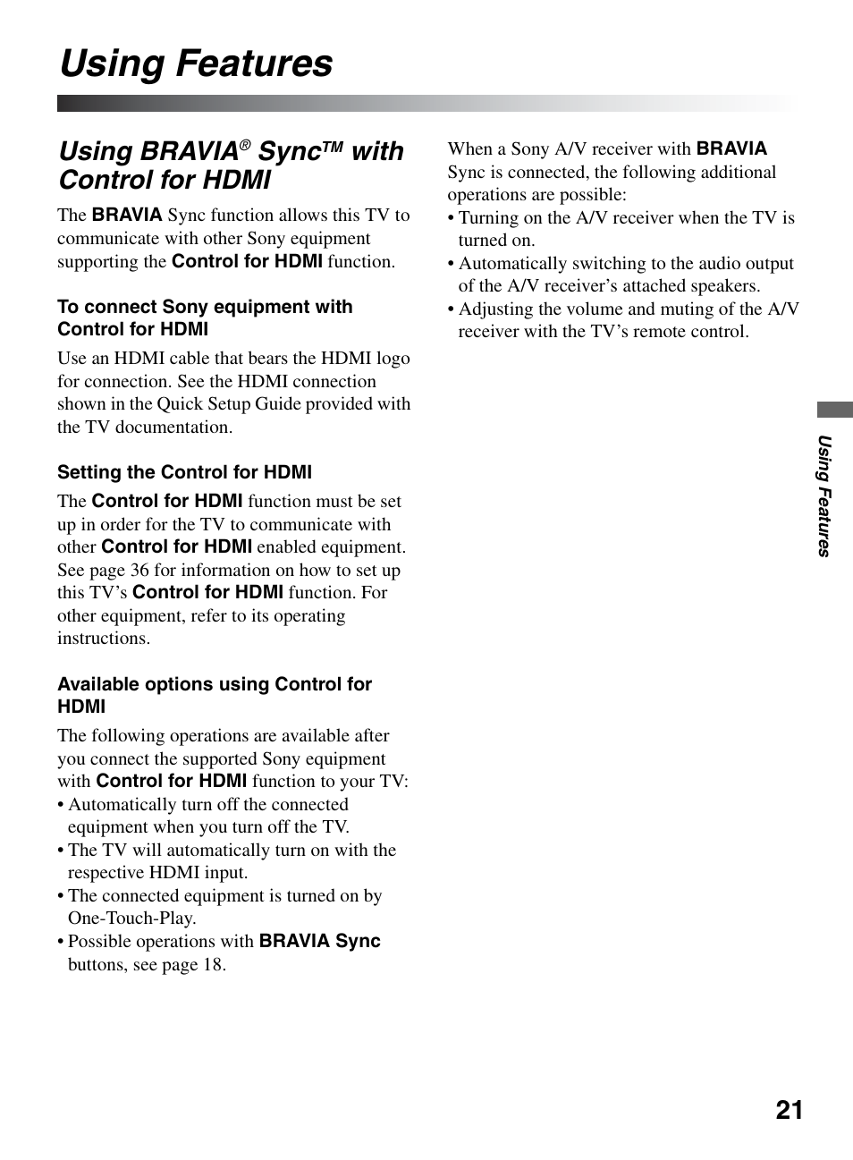 Using features, Using bravia® synctm with control for hdmi, Using bravia sync with control for | Hdmi, Using bravia, Sync, With control for hdmi | Sony BRAVIA KDL-26L5000 User Manual | Page 21 / 48