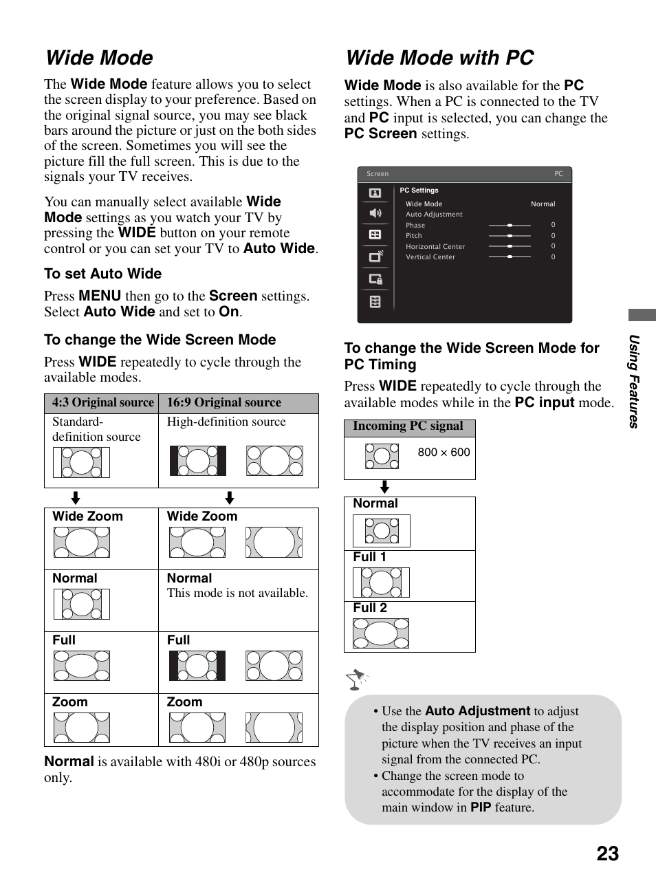 Wide mode, Wide mode with pc, 23 wide mode | Sony BRAVIA KDL-26L5000 User Manual | Page 23 / 48