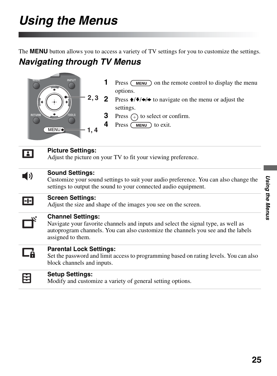 Using the menus, Navigating through tv menus | Sony BRAVIA KDL-26L5000 User Manual | Page 25 / 48