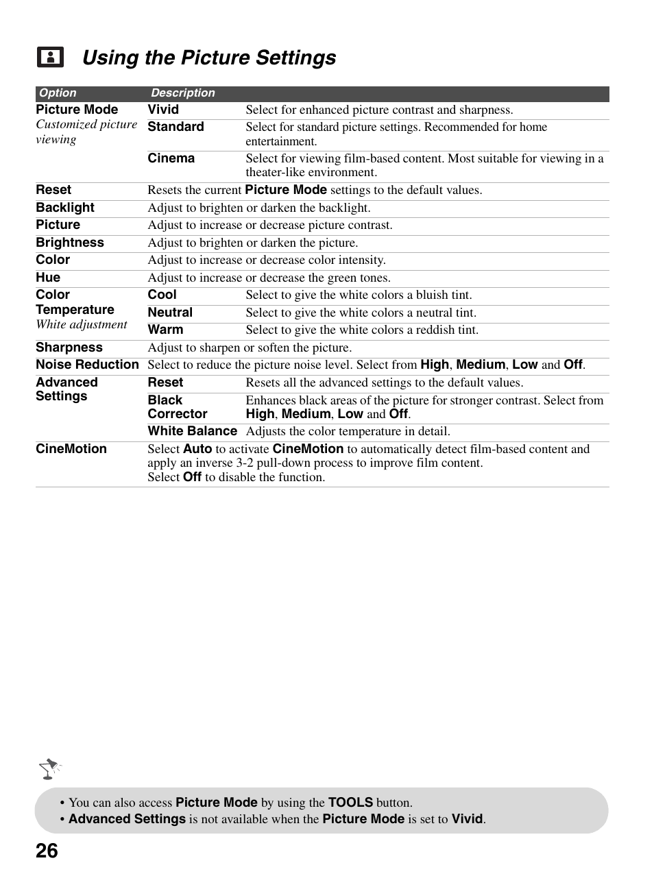 Using the picture settings, 26 using the picture settings | Sony BRAVIA KDL-26L5000 User Manual | Page 26 / 48