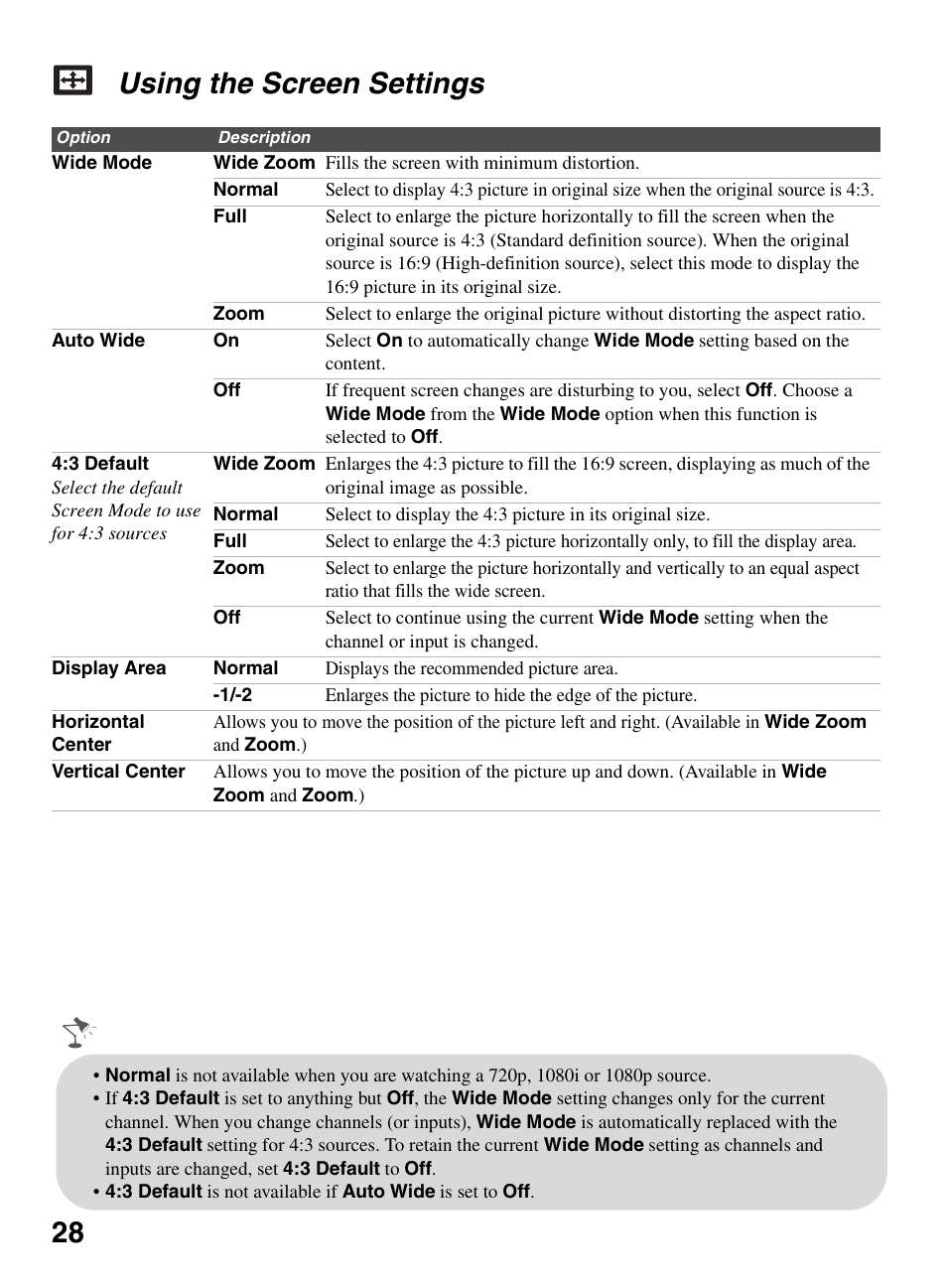 Using the screen settings, 28 using the screen settings | Sony BRAVIA KDL-26L5000 User Manual | Page 28 / 48