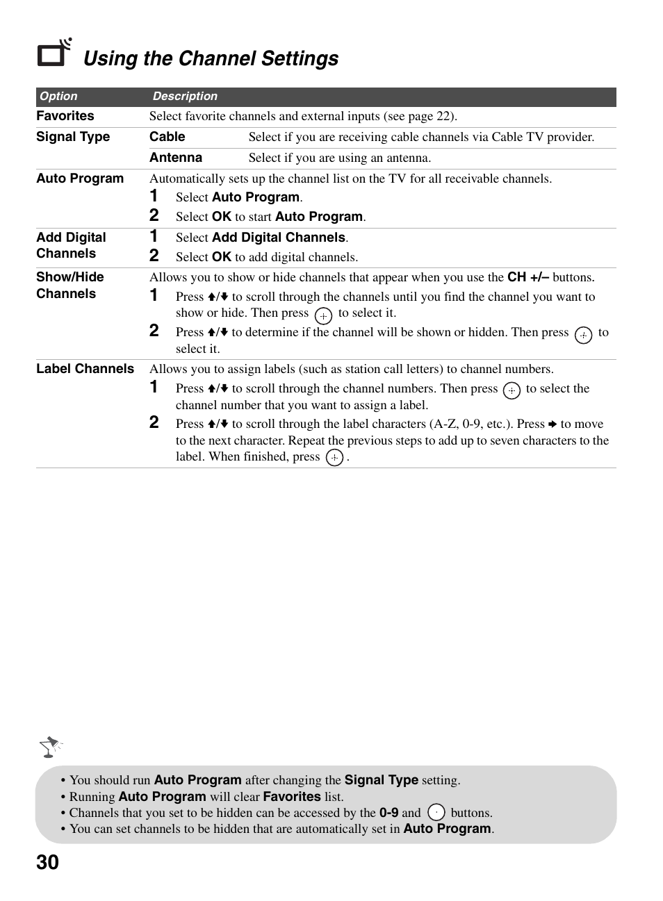 Using the channel settings, 30 using the channel settings | Sony BRAVIA KDL-26L5000 User Manual | Page 30 / 48