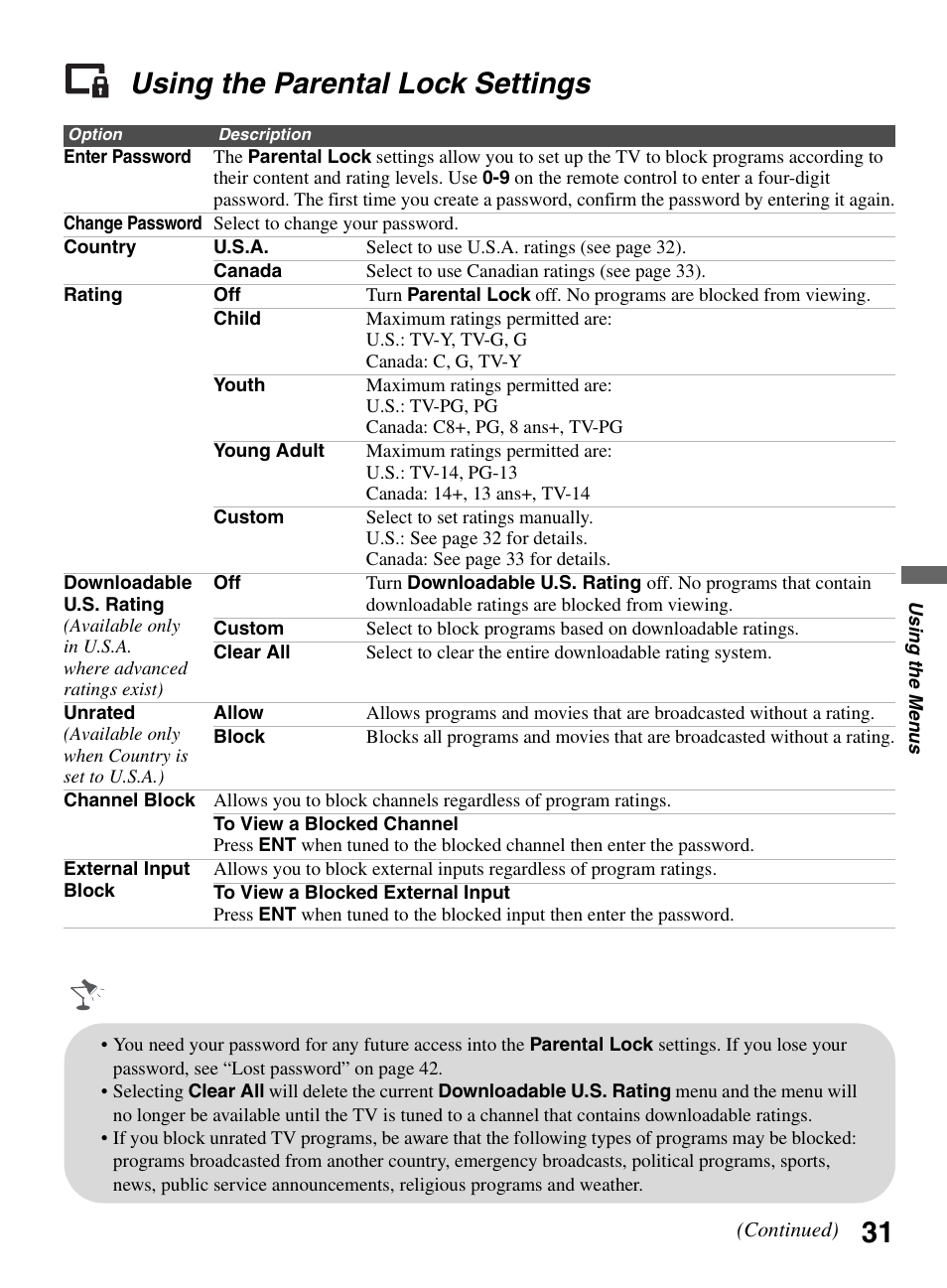 Using the parental lock settings, 31 using the parental lock settings | Sony BRAVIA KDL-26L5000 User Manual | Page 31 / 48