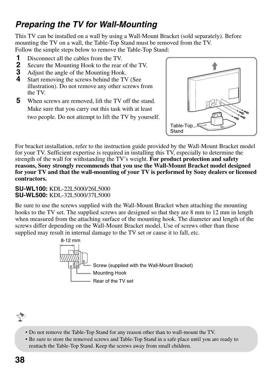 Preparing the tv for wall-mounting, 38 preparing the tv for wall-mounting | Sony BRAVIA KDL-26L5000 User Manual | Page 38 / 48