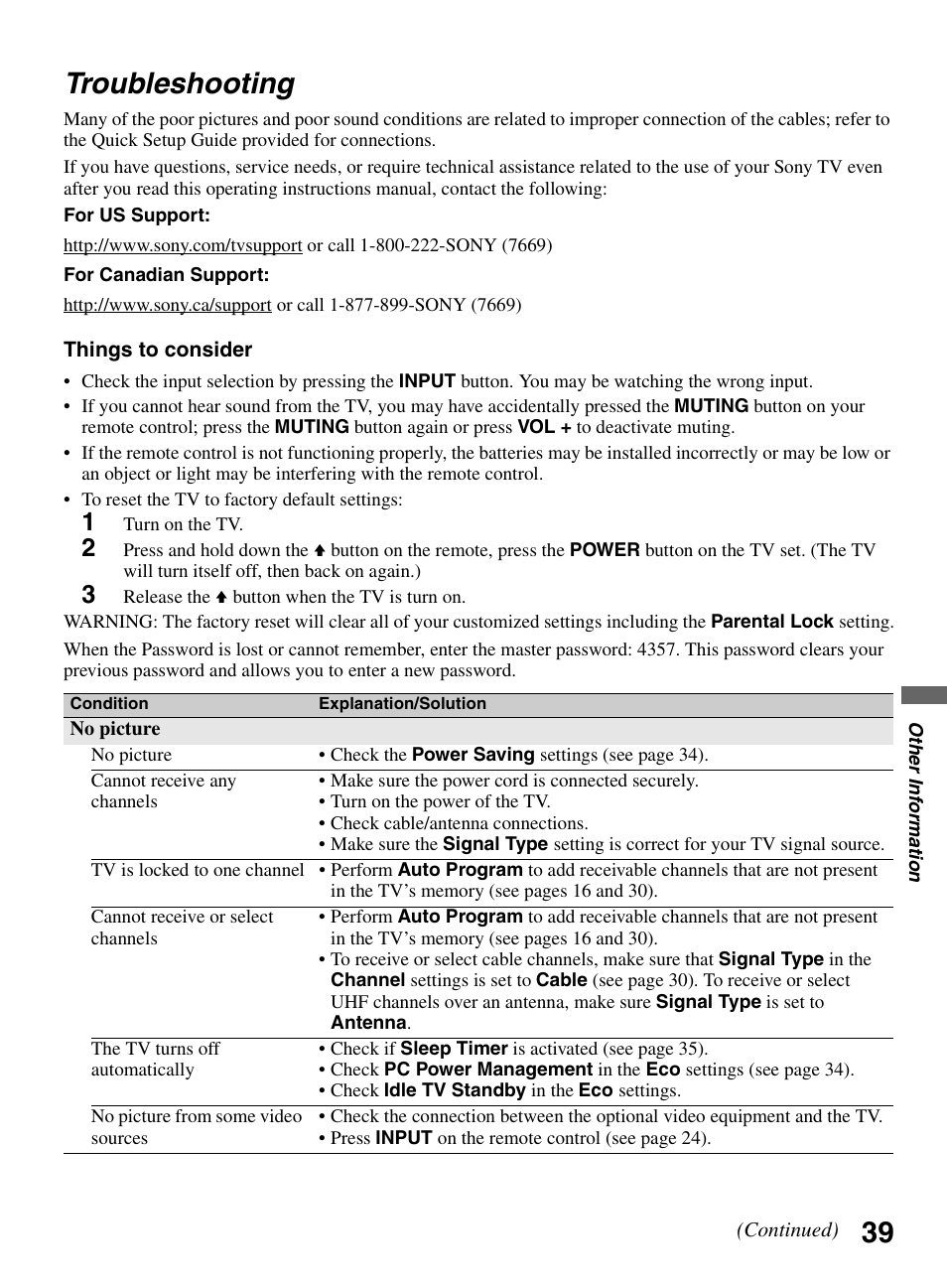 Troubleshooting, 39 troubleshooting | Sony BRAVIA KDL-26L5000 User Manual | Page 39 / 48