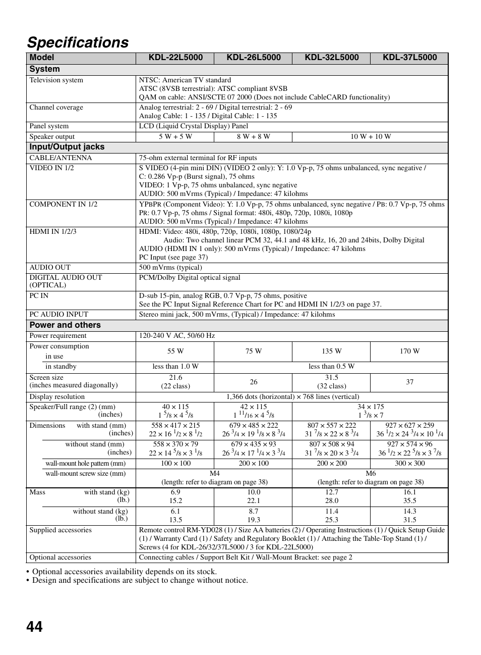 Specifications, 44 specifications | Sony BRAVIA KDL-26L5000 User Manual | Page 44 / 48