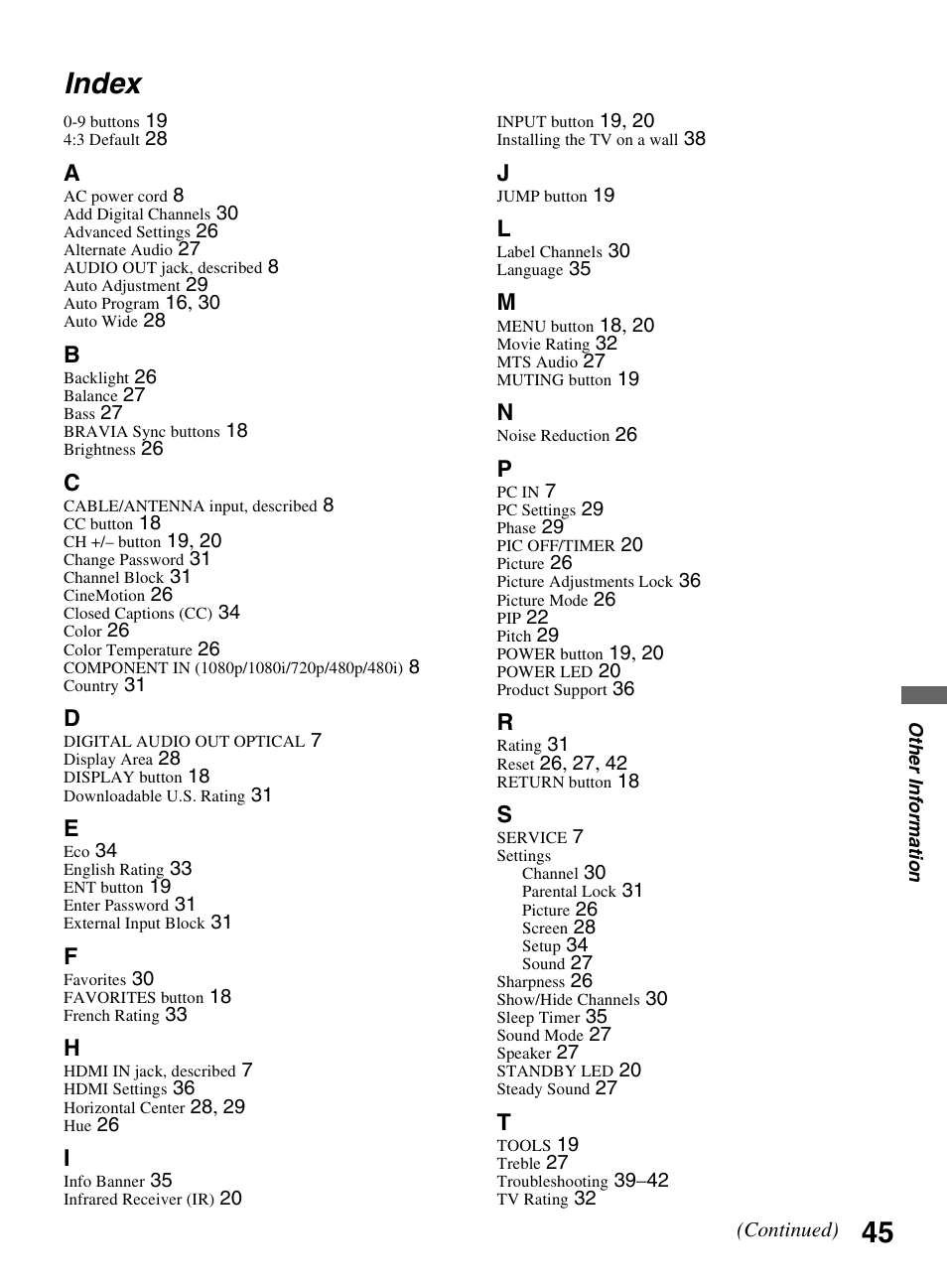 Index, 45 index | Sony BRAVIA KDL-26L5000 User Manual | Page 45 / 48