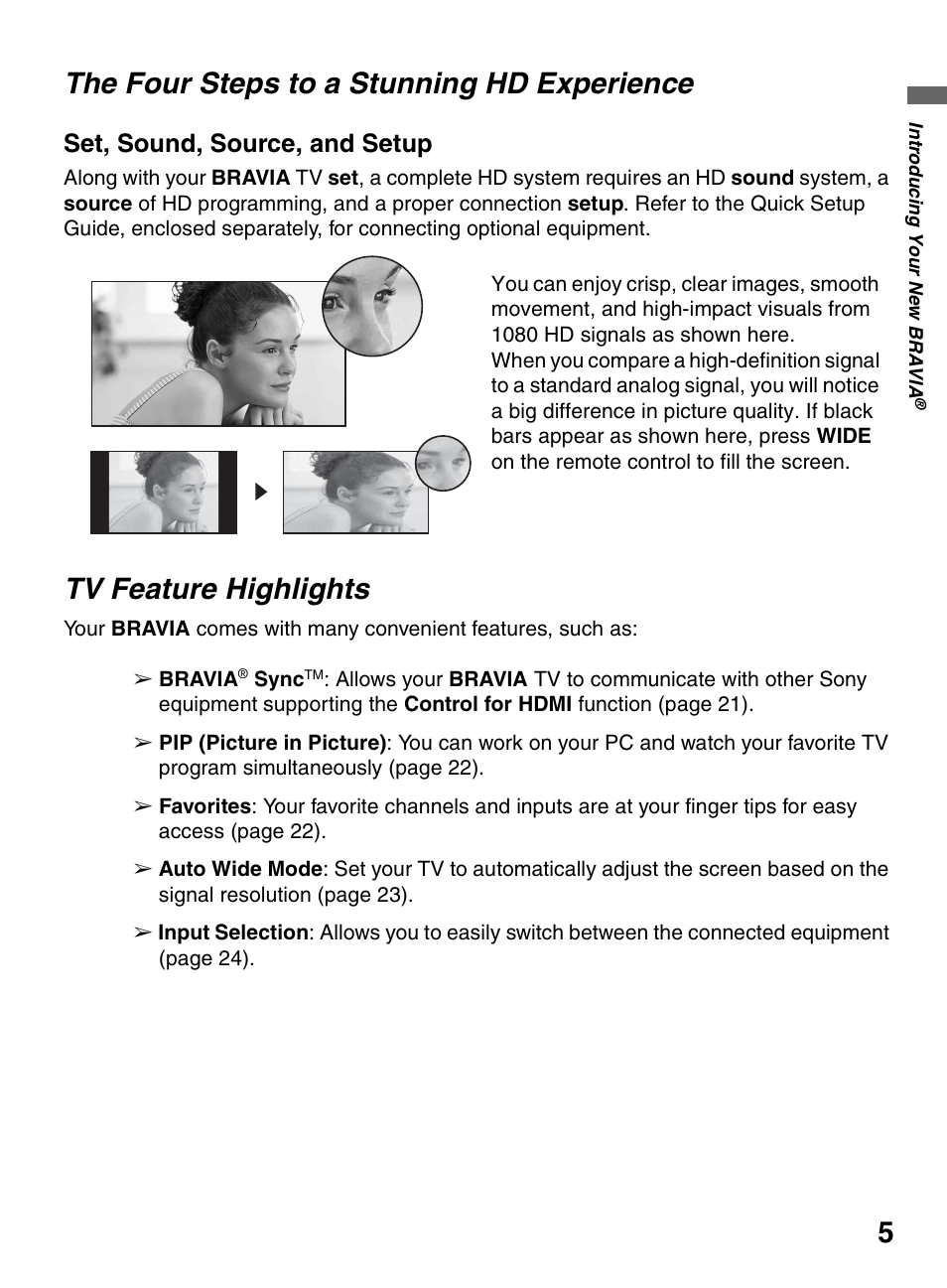 The four steps to a stunning hd, Experience, Tv feature highlights | 5the four steps to a stunning hd experience, Set, sound, source, and setup | Sony BRAVIA KDL-26L5000 User Manual | Page 5 / 48