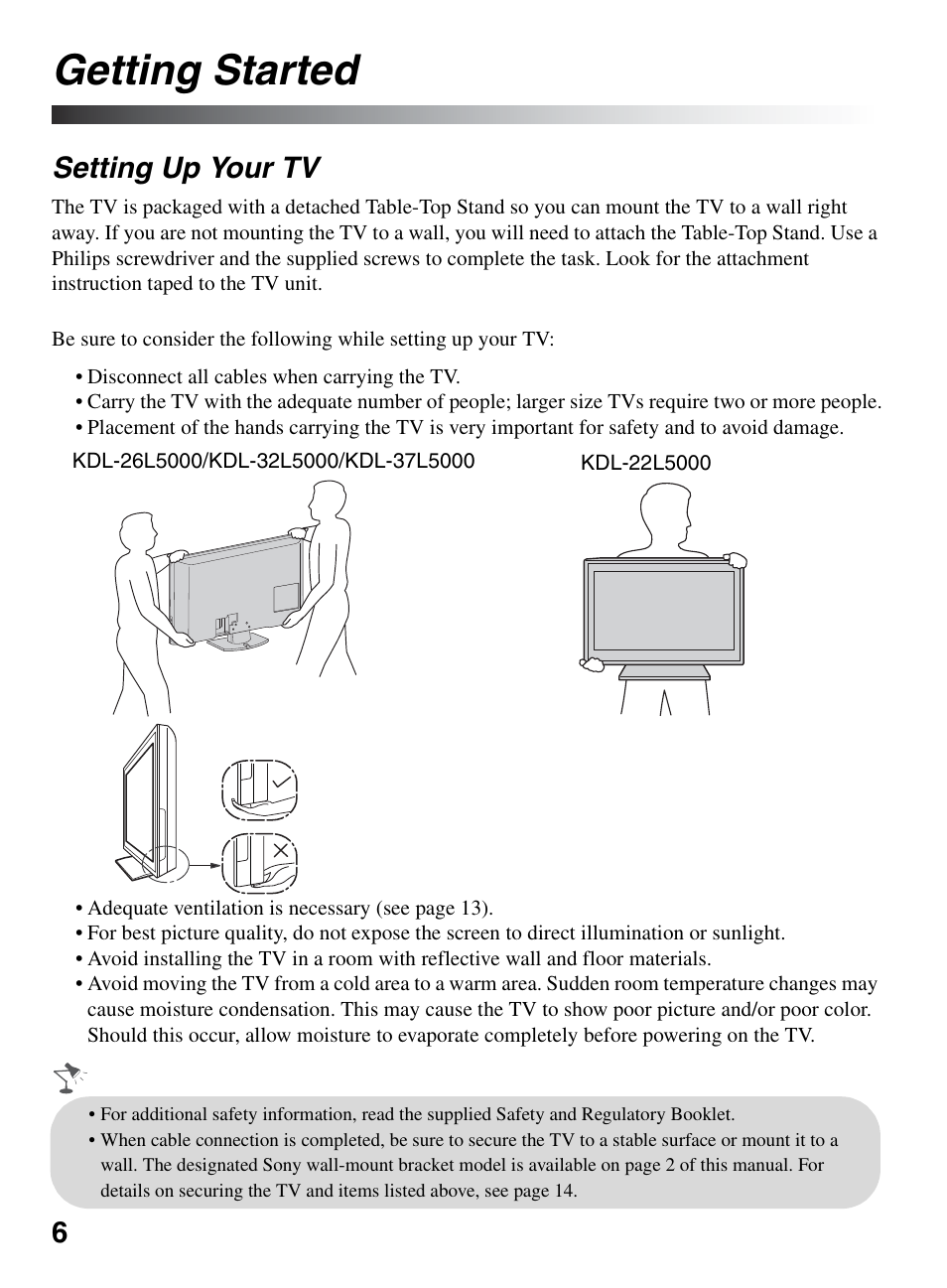 Getting started, Setting up your tv | Sony BRAVIA KDL-26L5000 User Manual | Page 6 / 48