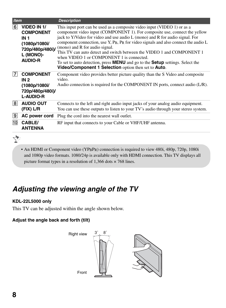 Adjusting the viewing angle of the tv, 8adjusting the viewing angle of the tv | Sony BRAVIA KDL-26L5000 User Manual | Page 8 / 48