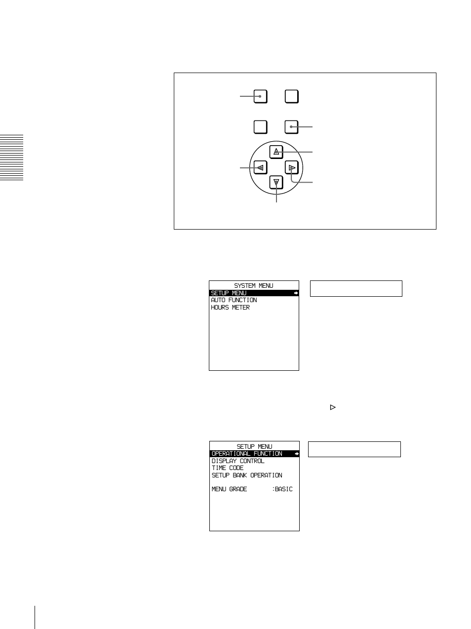 Setup menu, Operational, Inputting time code values for points a and b | Sony DSR-1500 User Manual | Page 38 / 120