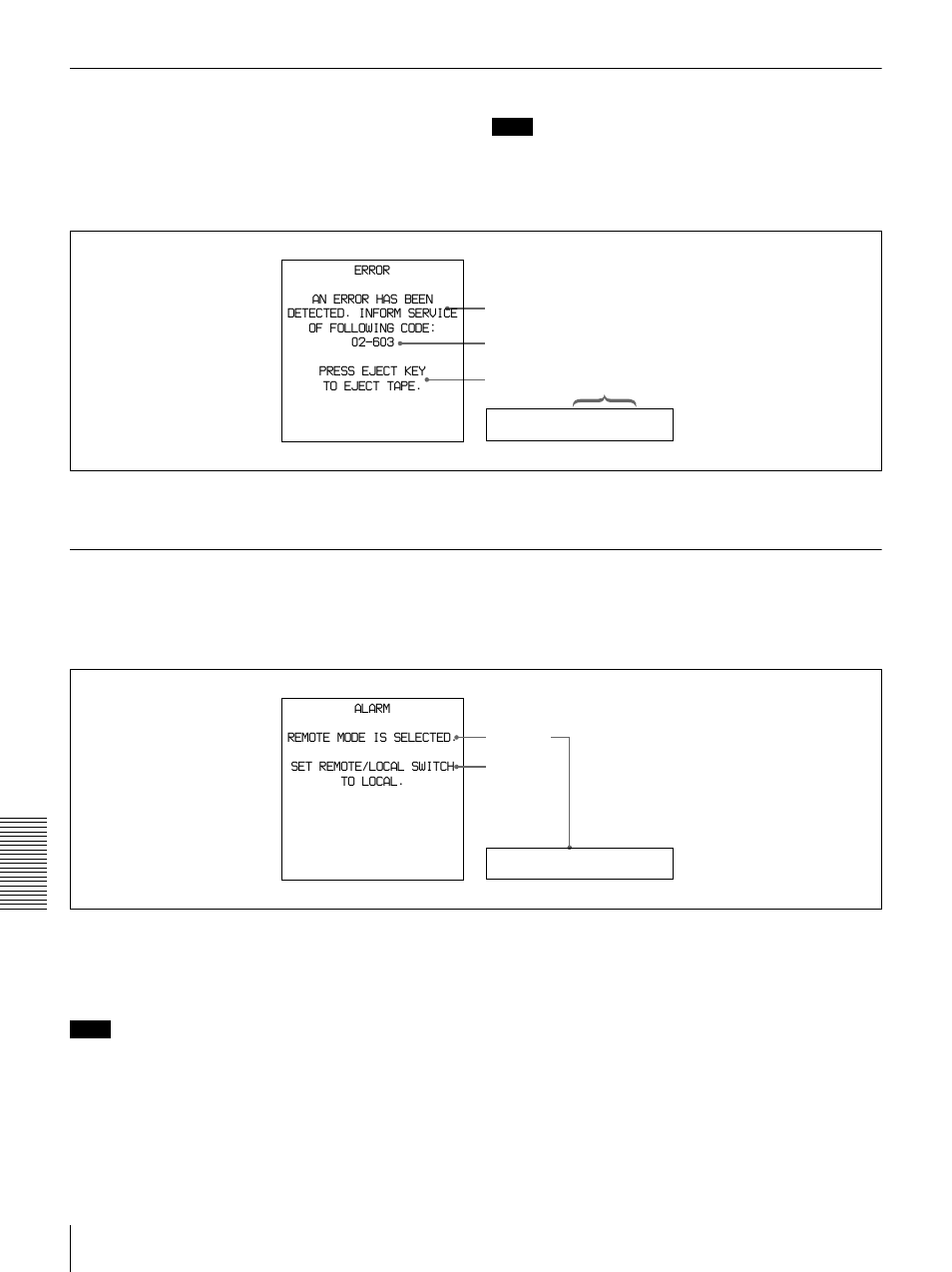 Error messages, Alarm messages, Remote | Sony DSR-1500 User Manual | Page 98 / 120