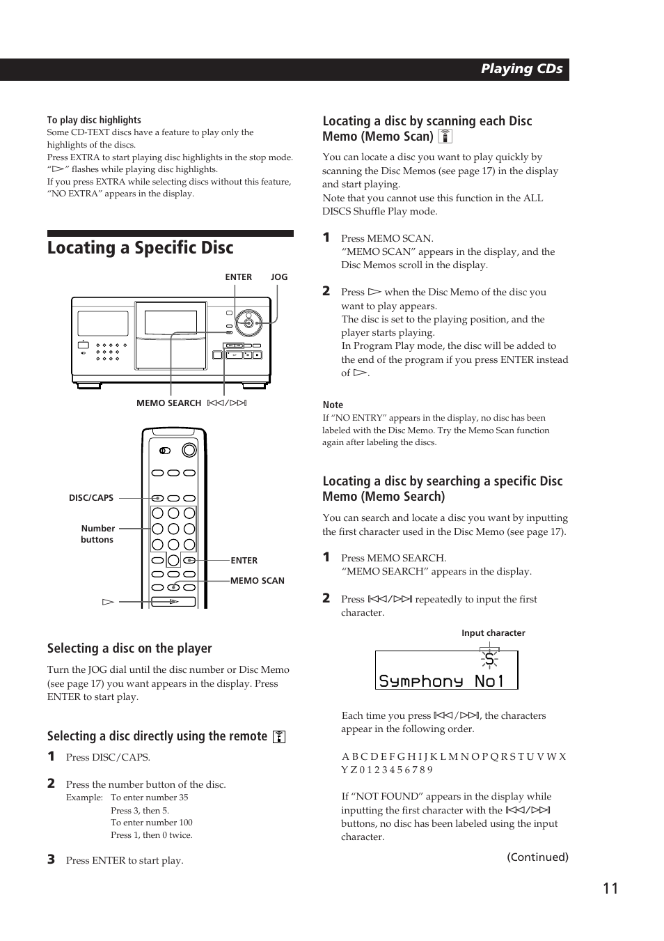 Locating a specific disc, Symphony no1, Playing cds getting started | Selecting a disc on the player, Selecting a disc directly using the remote 1 | Sony CDP-CX250 User Manual | Page 11 / 24