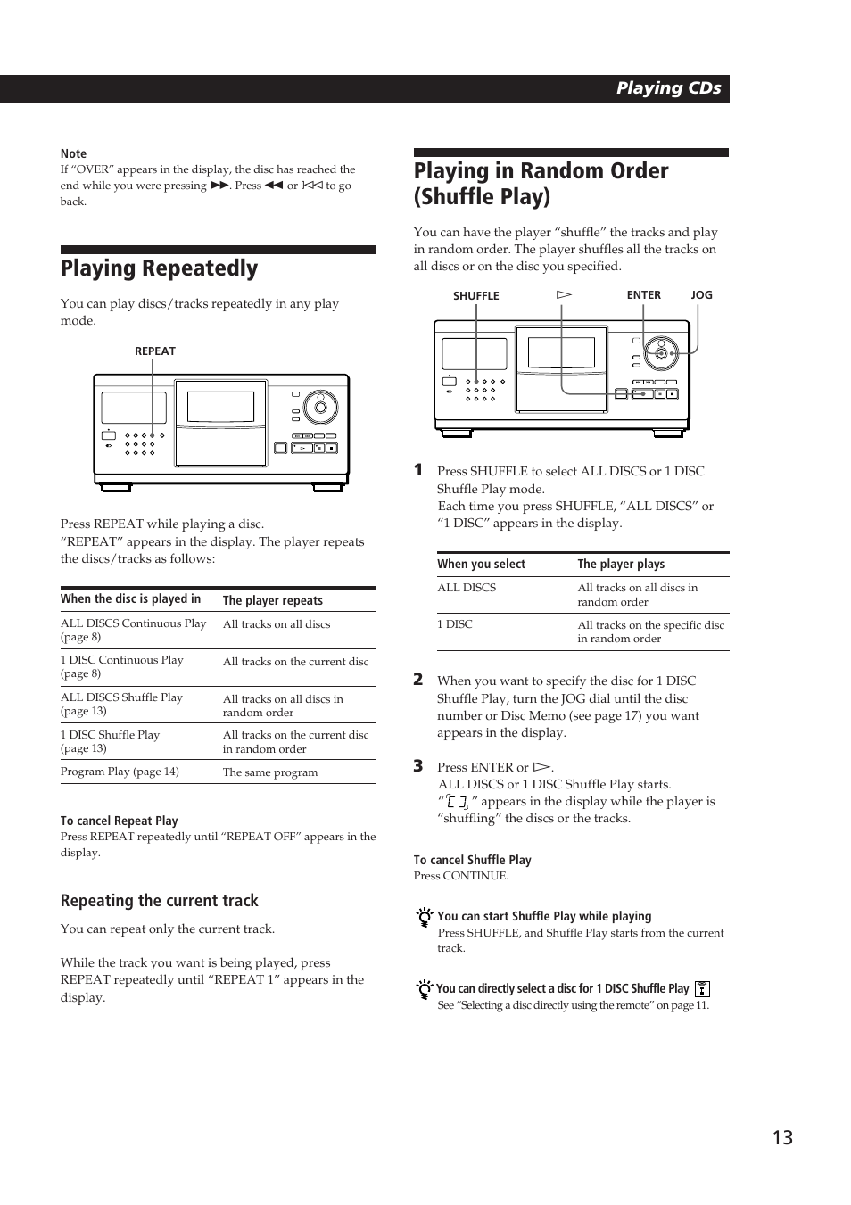 Playing in random order (shuffle play), Playing repeatedly, Playing cds getting started | Playing cds, Repeating the current track | Sony CDP-CX250 User Manual | Page 13 / 24