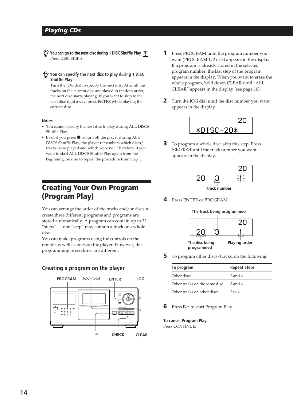 Creating your own program (program play), Disc-2o, 2o 3 1 | Playing cds, Creating a program on the player 1 | Sony CDP-CX250 User Manual | Page 14 / 24