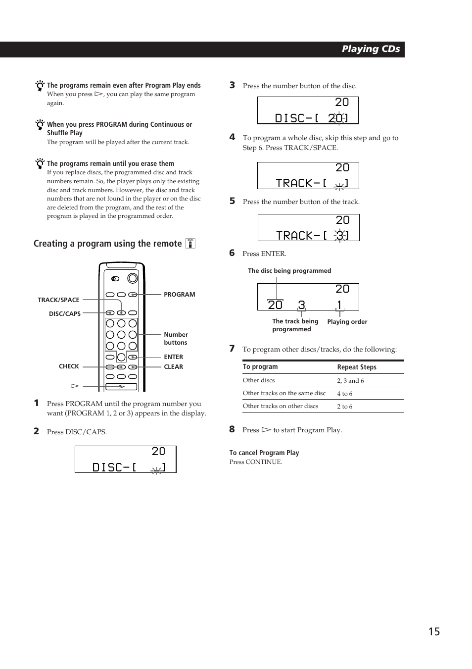 Disc-[ 2o, Track, Track-[ 3 | 2o 3 1, Disc, Playing cds getting started, Playing cds, Creating a program using the remote z 3 | Sony CDP-CX250 User Manual | Page 15 / 24
