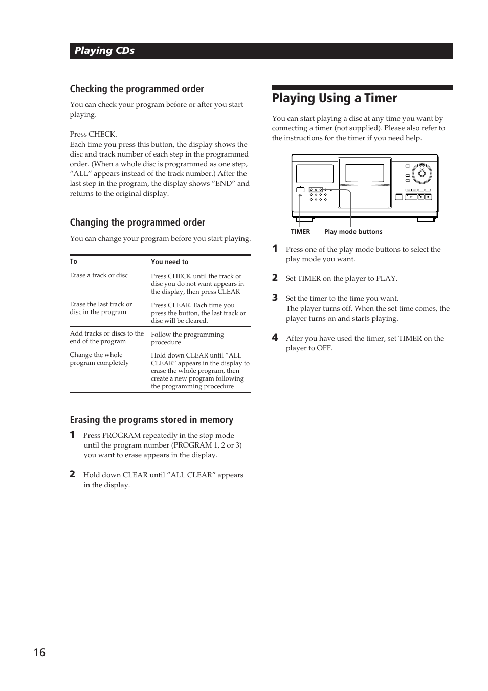 Playing using a timer, Playing cds checking the programmed order, Changing the programmed order | Sony CDP-CX250 User Manual | Page 16 / 24