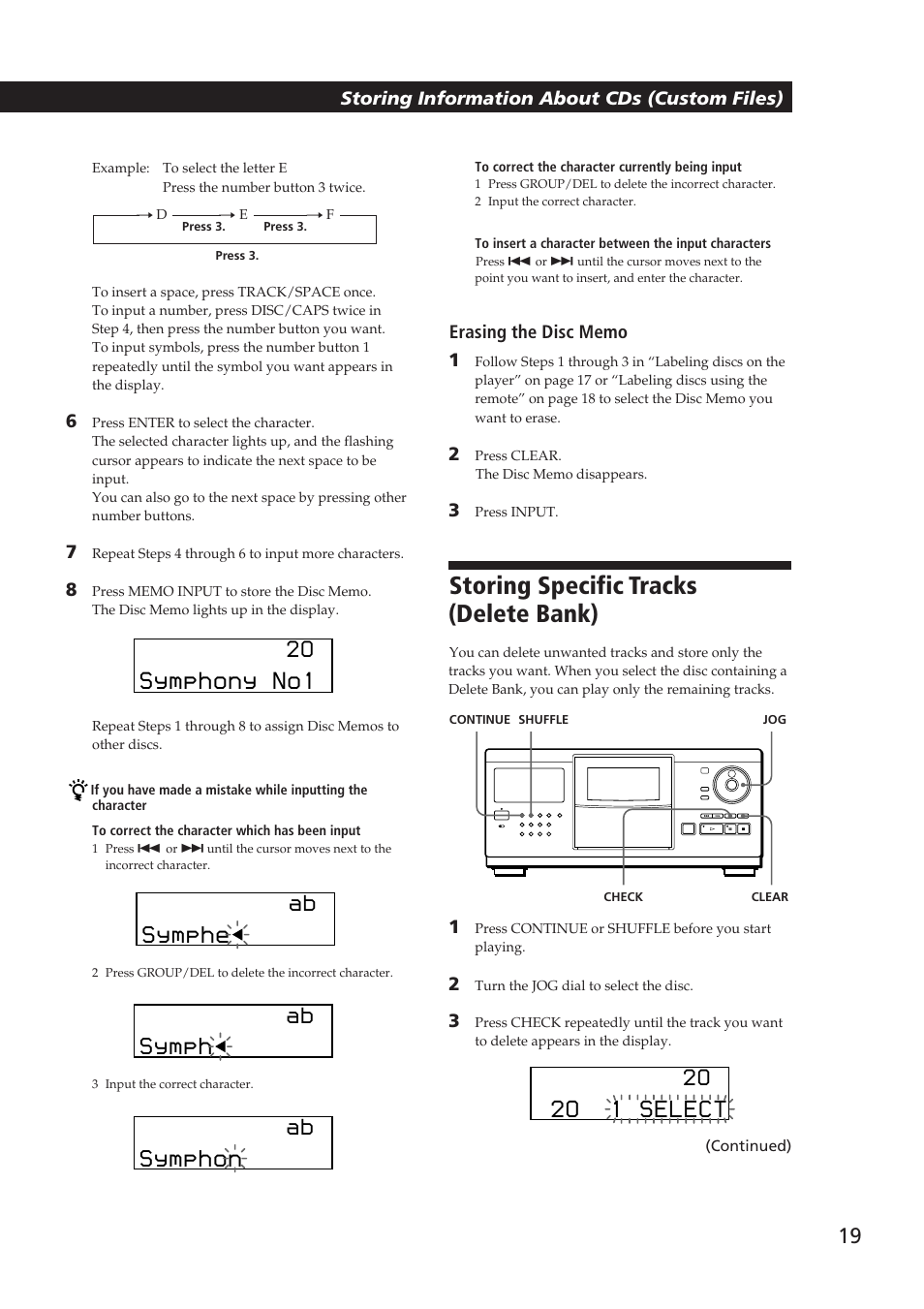 Storing specific tracks (delete bank), Locating a scene or track you want | Sony CDP-CX250 User Manual | Page 19 / 24