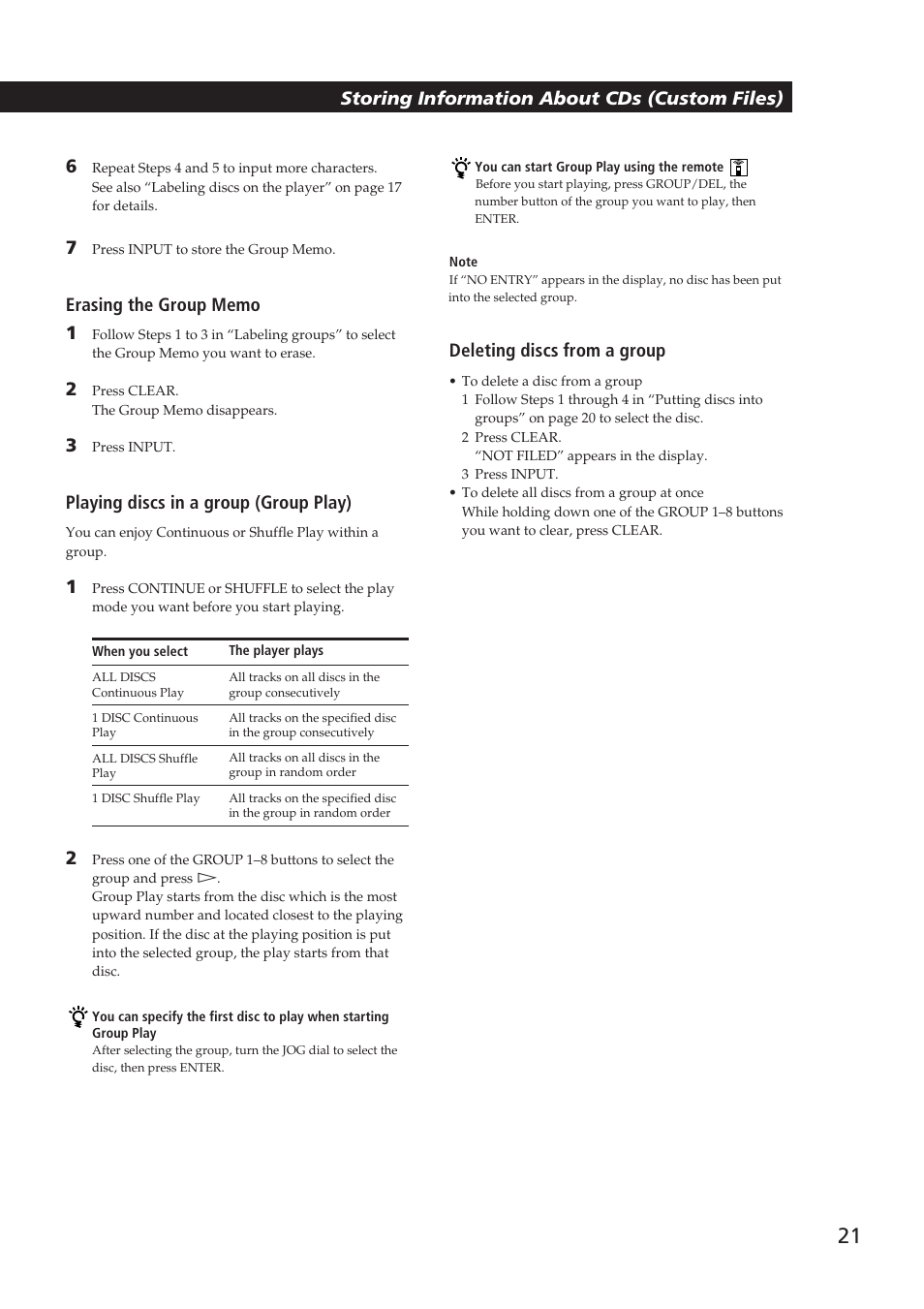 Locating a scene or track you want, Playing discs in a group (group play), Deleting discs from a group | Sony CDP-CX250 User Manual | Page 21 / 24