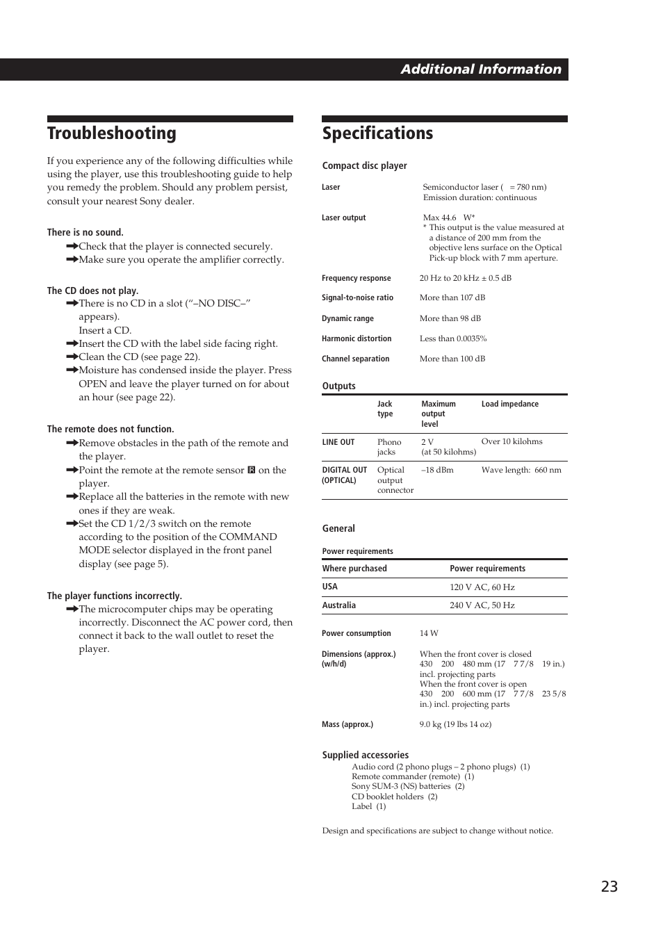 Specifications, Troubleshooting, Playing cds in various modes | Additional information | Sony CDP-CX250 User Manual | Page 23 / 24