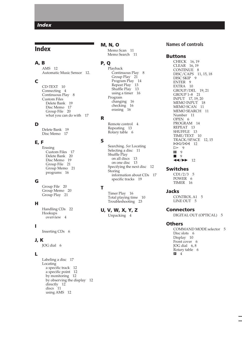 Index, Switches, Jacks | Connectors, Others, M, n, o, P, q, U, v, w, x, y, z, A, b, E, f | Sony CDP-CX250 User Manual | Page 24 / 24