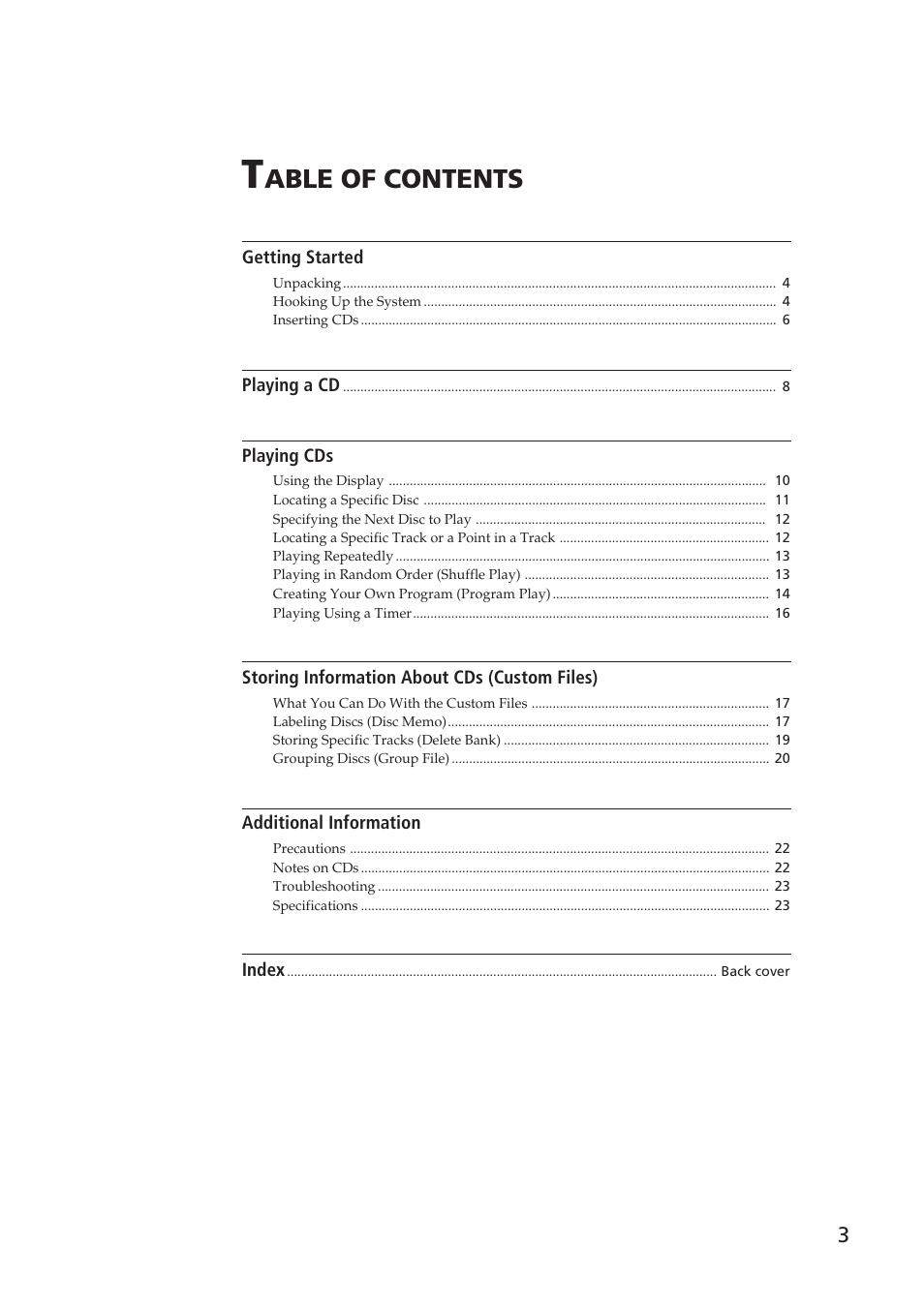 Able of contents | Sony CDP-CX250 User Manual | Page 3 / 24