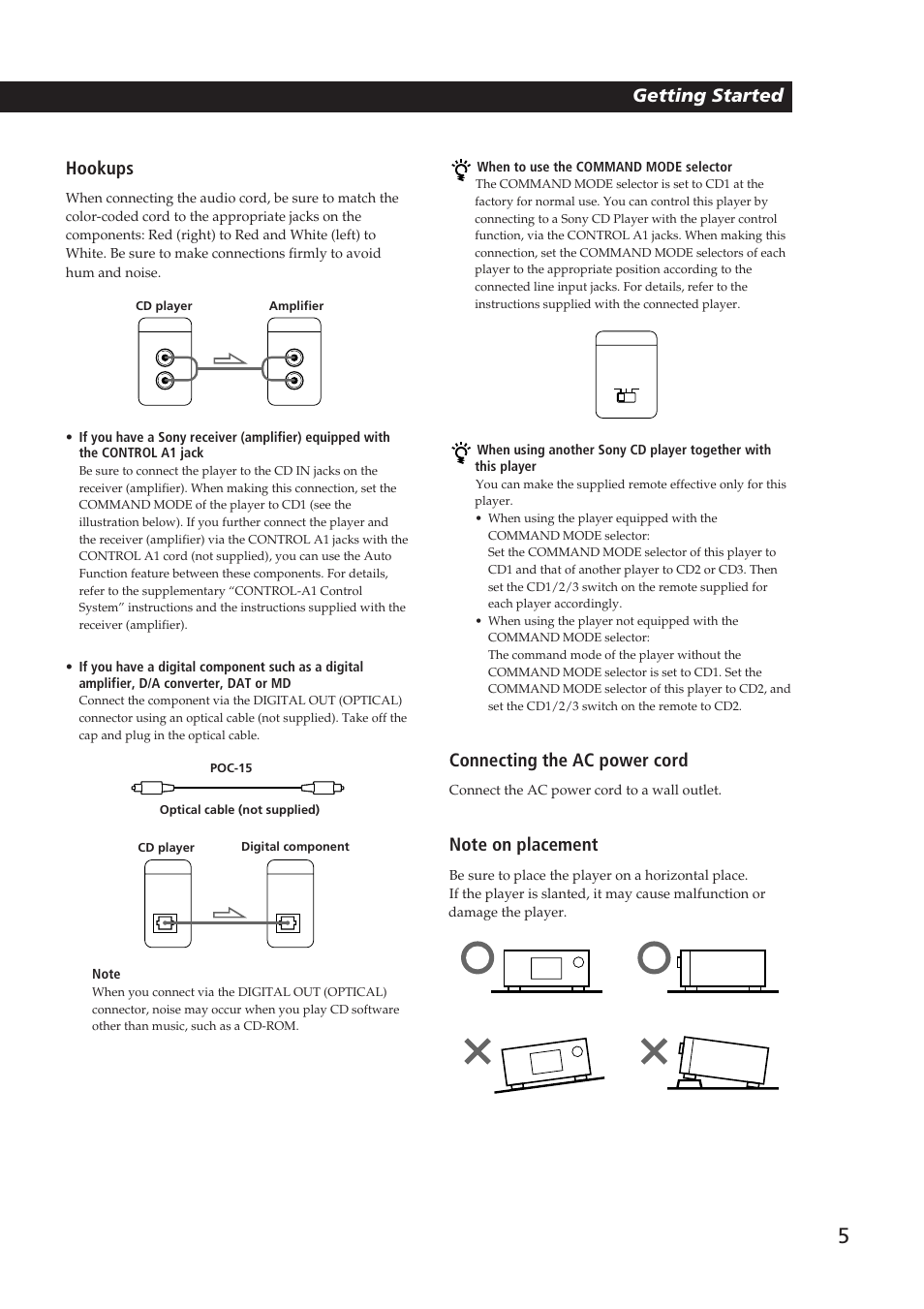 Playing cds getting started, Getting started hookups, Connecting the ac power cord | Sony CDP-CX250 User Manual | Page 5 / 24