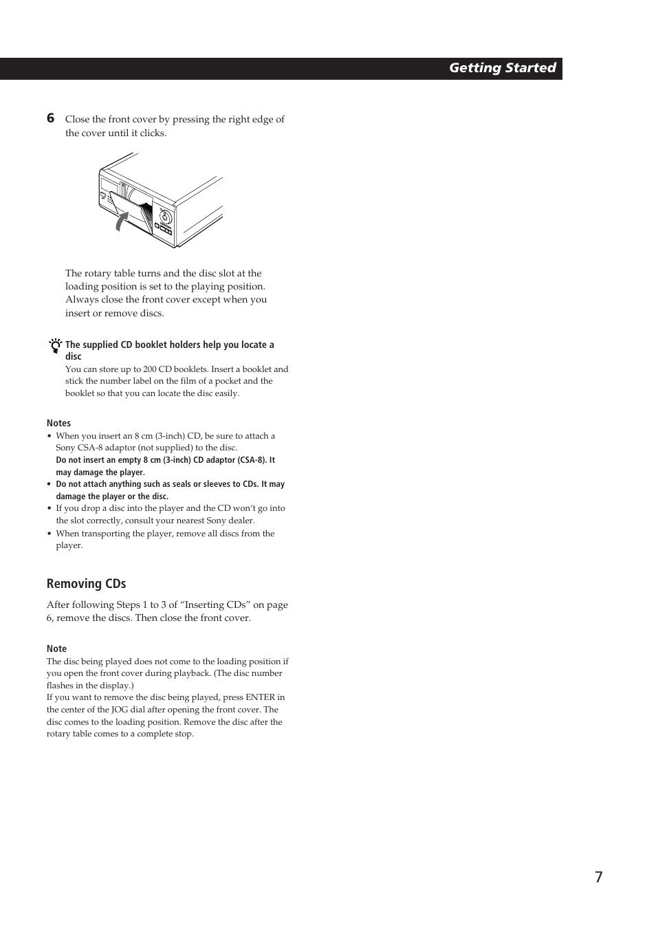 Playing cds getting started, Getting started 6, Removing cds | Sony CDP-CX250 User Manual | Page 7 / 24