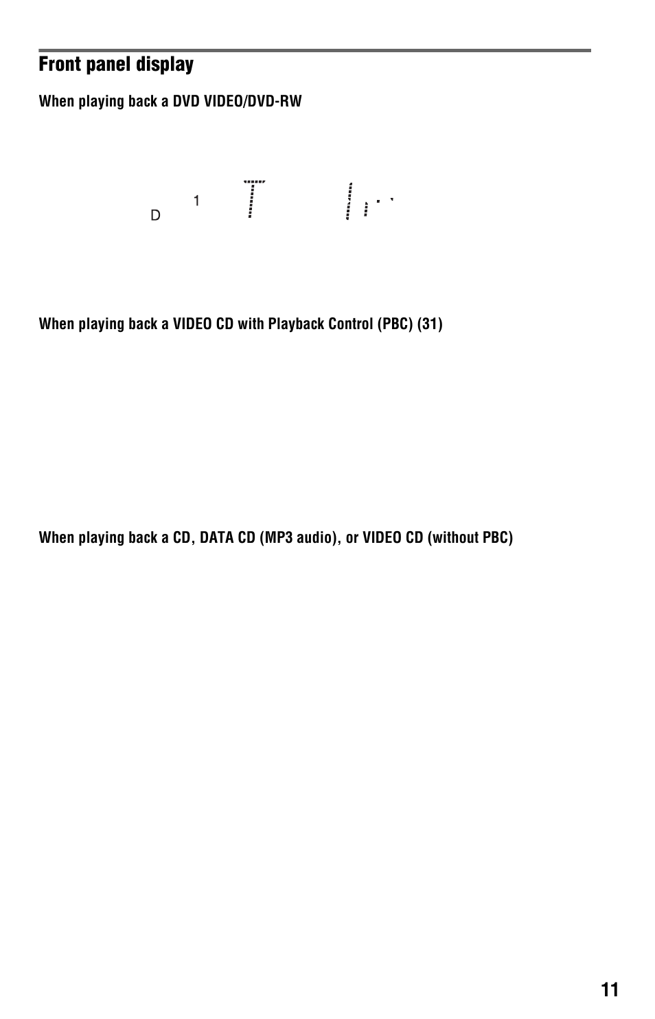 Front panel display (11), Front panel display | Sony DVP-NS575P User Manual | Page 11 / 80