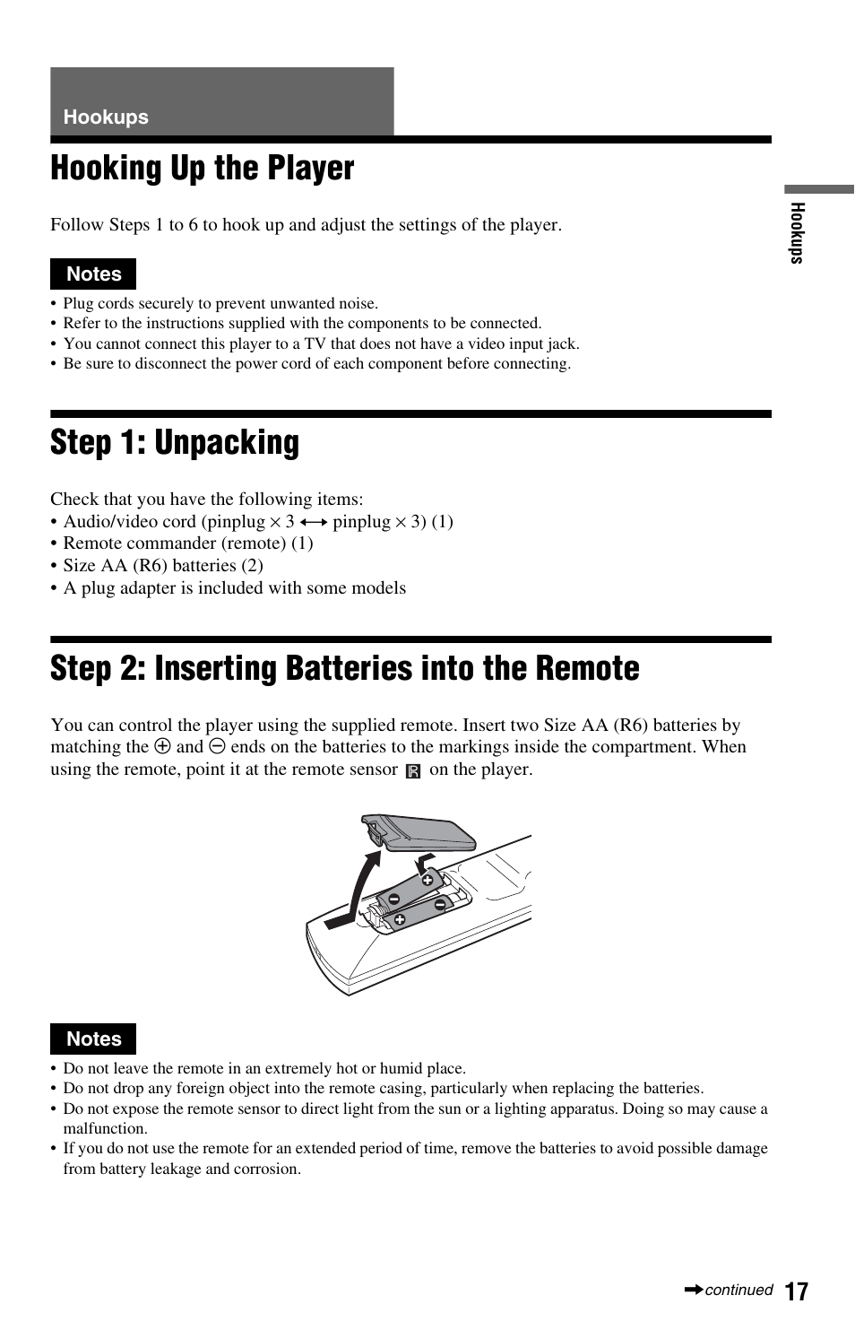 Hookups, Hooking up the player, Step 1: unpacking | Step 2: inserting batteries into the remote, Remote sensor) (17) | Sony DVP-NS575P User Manual | Page 17 / 80