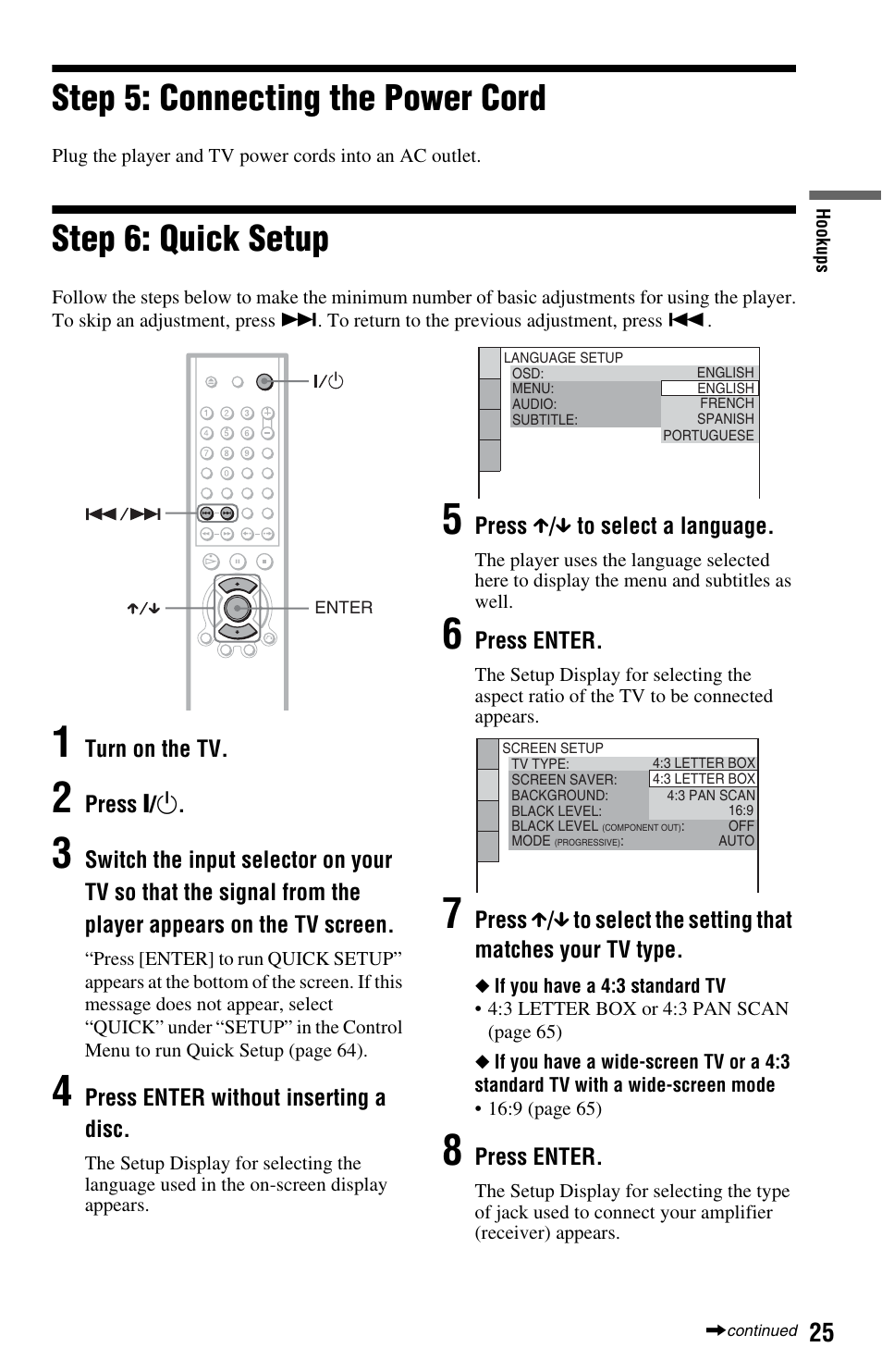Step 5: connecting the power cord, Step 6: quick setup | Sony DVP-NS575P User Manual | Page 25 / 80