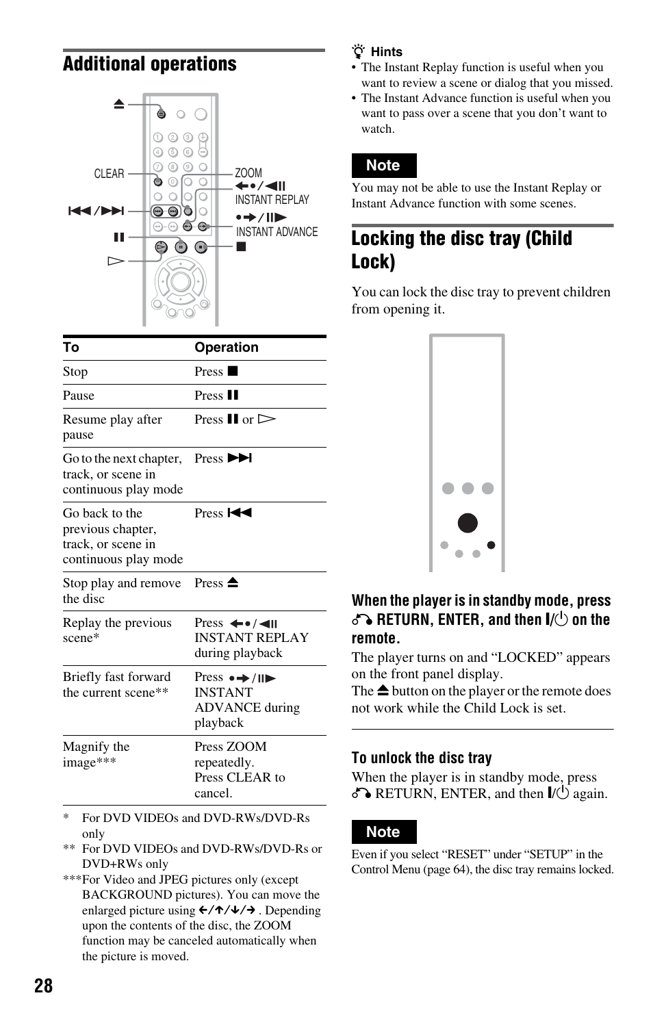 Pause button (28), Button (28, Stop button (28) | Enter button (28), Button (28), Additional operations, Locking the disc tray (child lock) | Sony DVP-NS575P User Manual | Page 28 / 80