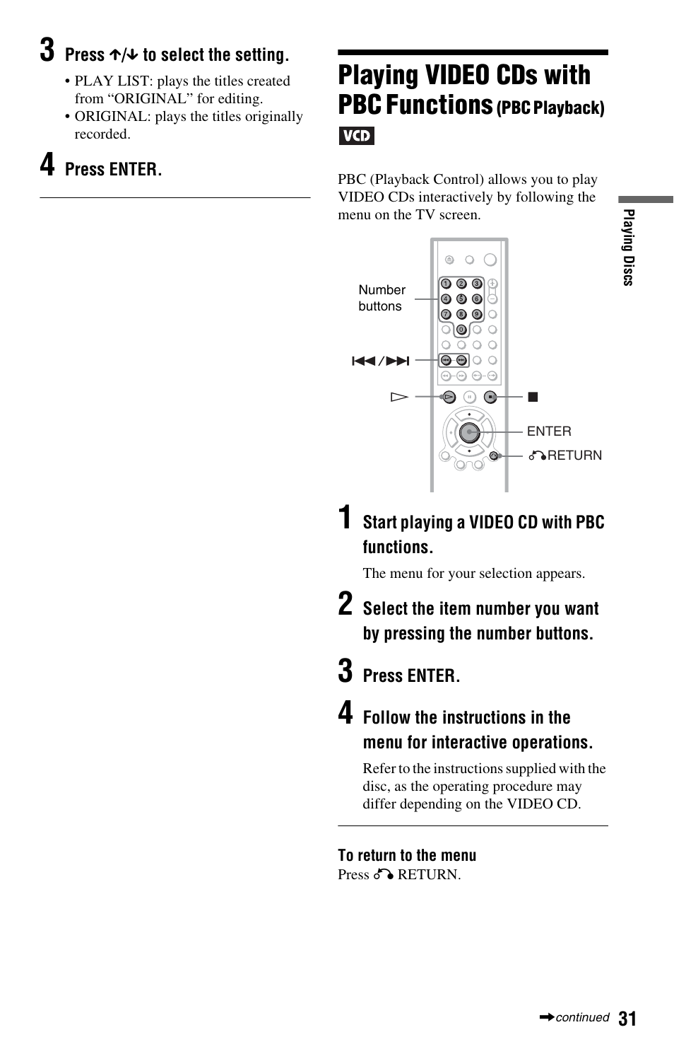 Playing video cds with pbc functions (pb, Playing video cds with pbc functions | Sony DVP-NS575P User Manual | Page 31 / 80