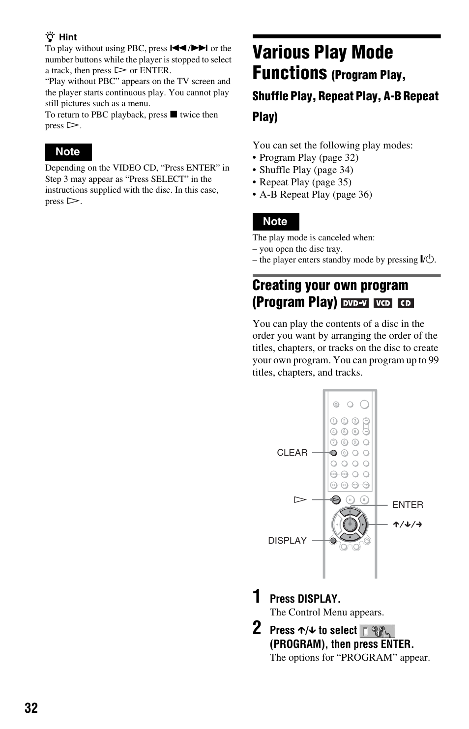 Various play mode functions, Creating your own program (program play) | Sony DVP-NS575P User Manual | Page 32 / 80