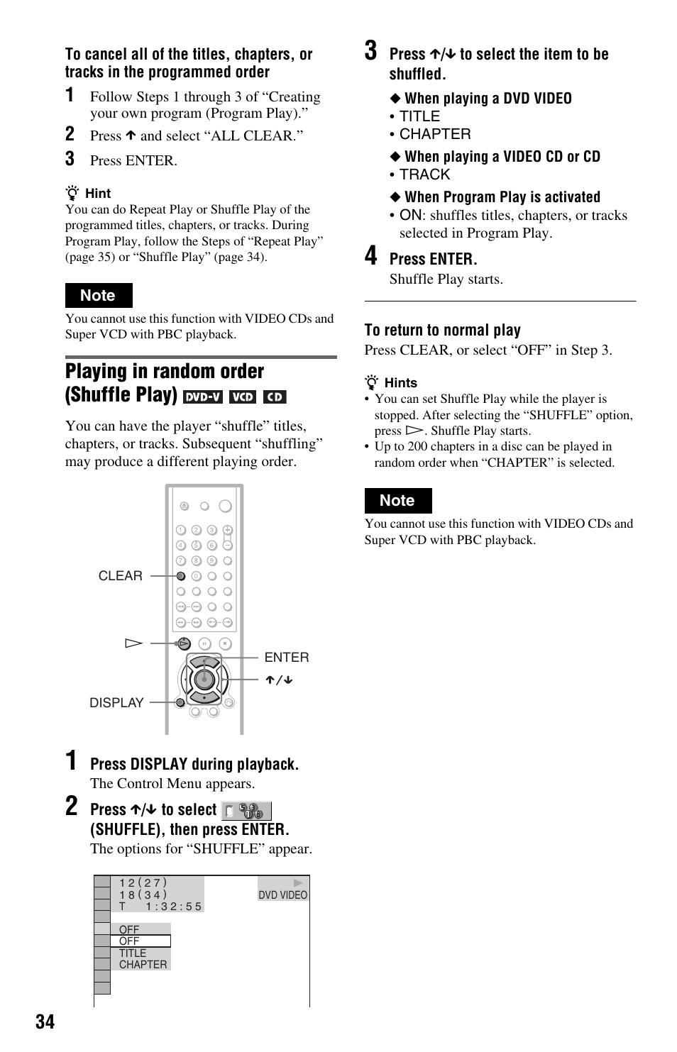 Playing in random order (shuffle play) | Sony DVP-NS575P User Manual | Page 34 / 80