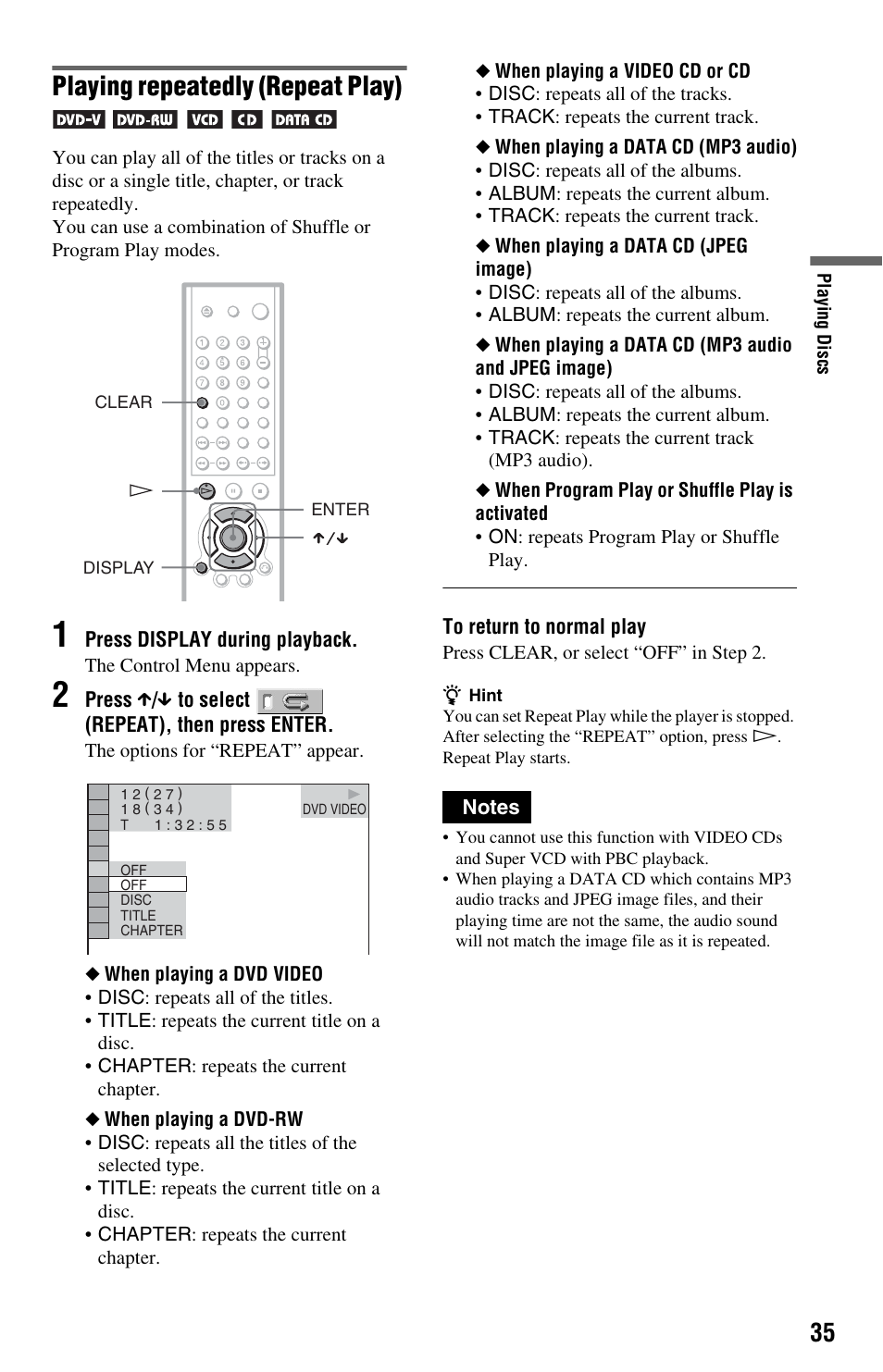 Playing repeatedly (repeat play) | Sony DVP-NS575P User Manual | Page 35 / 80